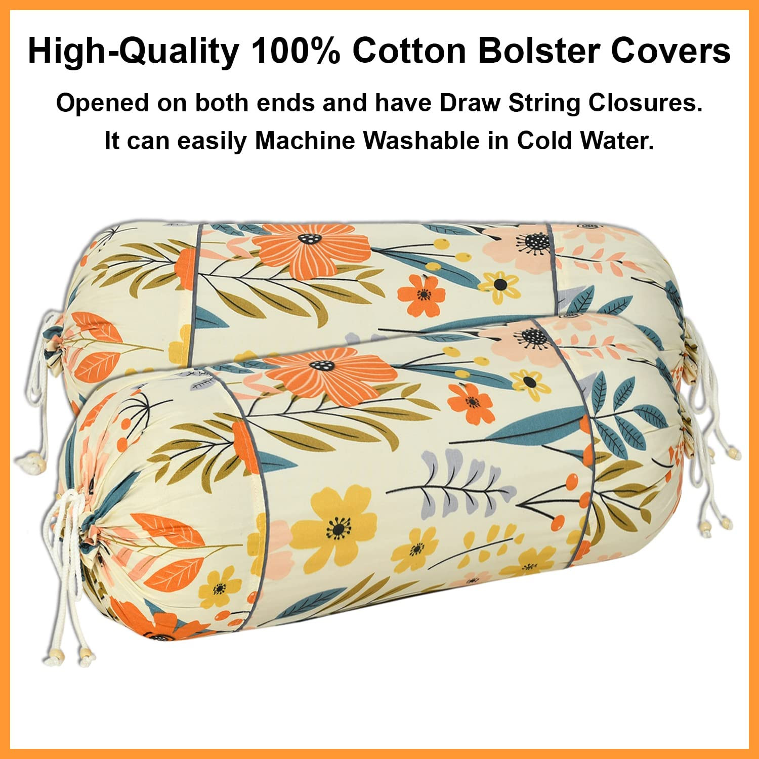 Kuber Industries Flower Printed Cotton Bolster Cover- Set of 2 16x32 Brown  White-44KM0141