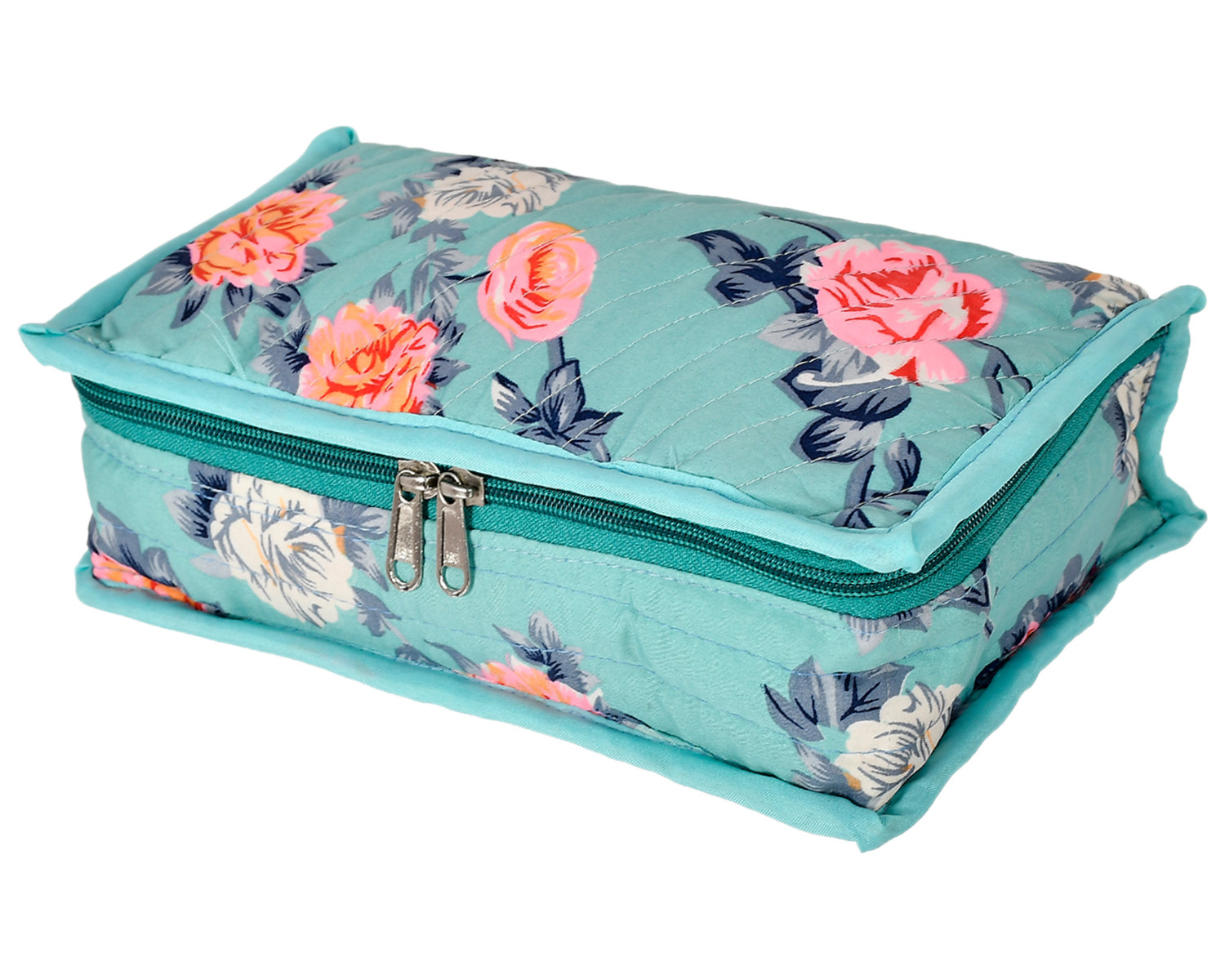 Kuber Industries Flower Printed Cotton Jewellery Organizer With 6 Transparent Pockets For Keeps Your Jewellery,Earrings, Necklaces Organized And Secure (Green)