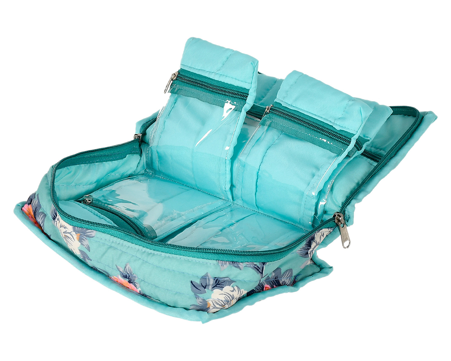 Kuber Industries Flower Printed Cotton Jewellery Organizer With 6 Transparent Pockets For Keeps Your Jewellery,Earrings, Necklaces Organized And Secure (Green)