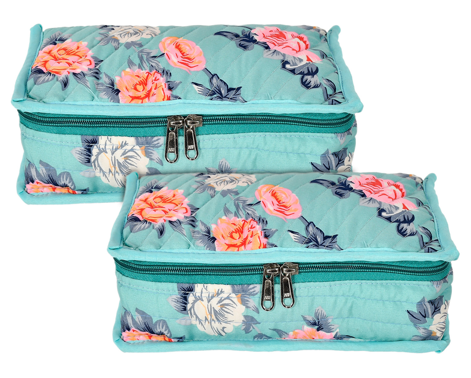 Kuber Industries Flower Printed Cotton Jewellery Organizer With 6 Transparent Pockets For Keeps Your Jewellery,Earrings, Necklaces Organized And Secure (Green)