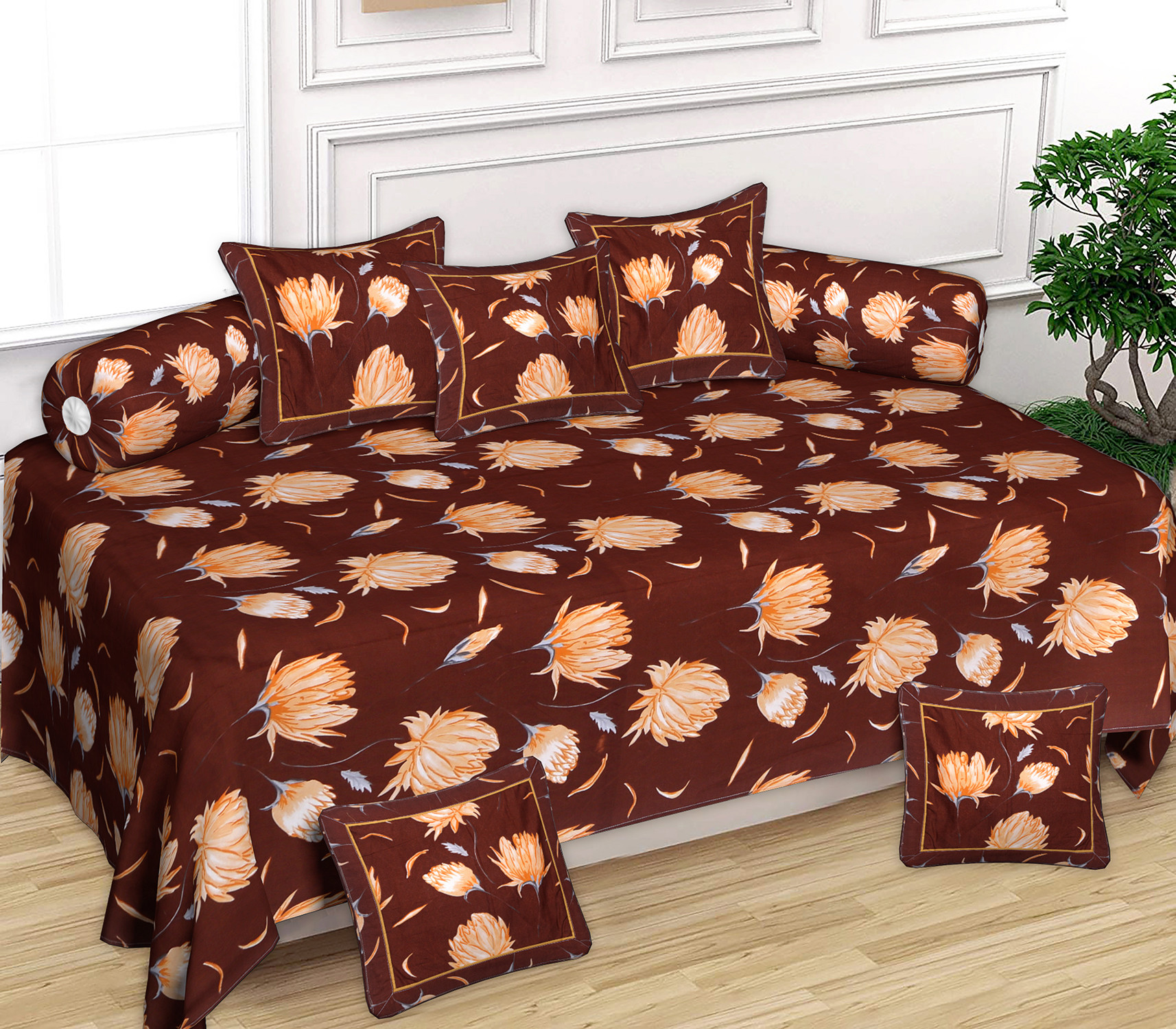 Kuber Industries Flower Printed Desginer 8 Pieces Cotton Diwan Set (Brown)-44KM0173