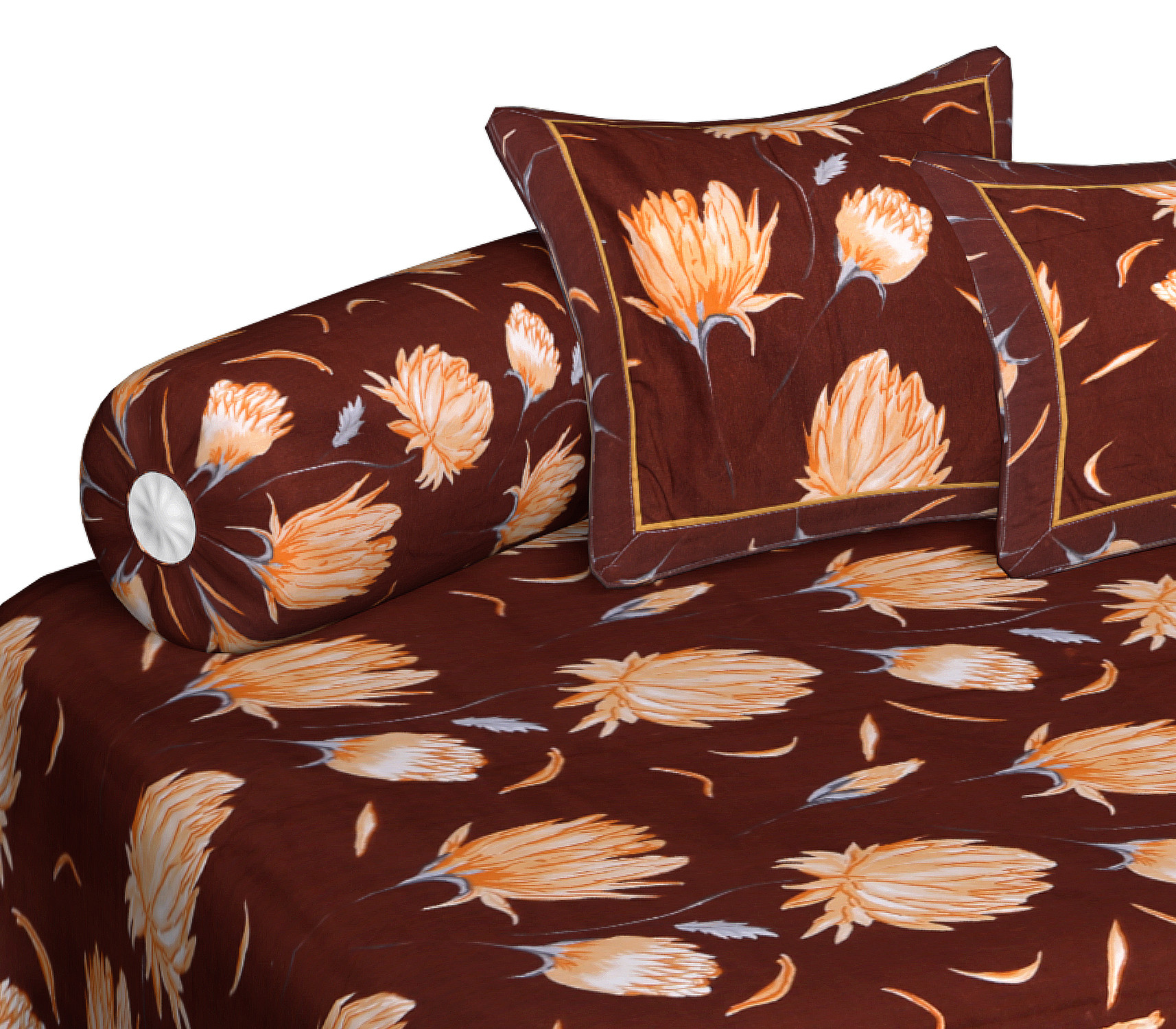 Kuber Industries Flower Printed Desginer 8 Pieces Cotton Diwan Set (Brown)-44KM0173