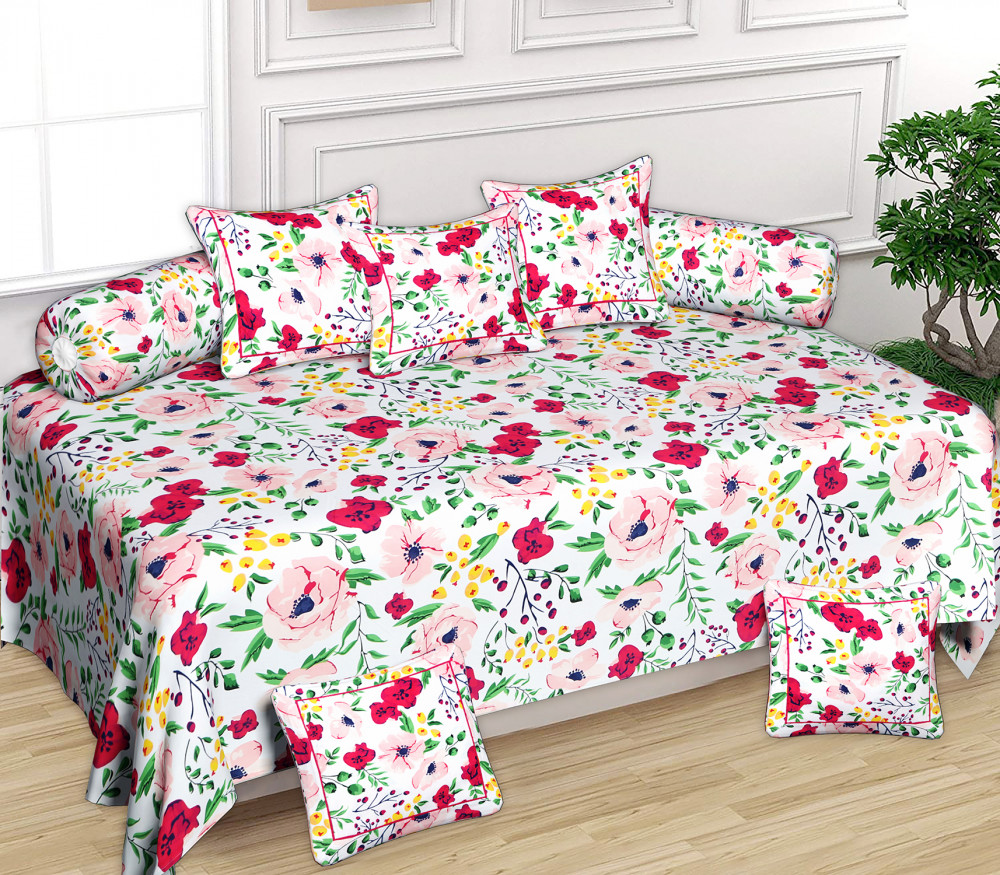 Kuber Industries Flower Printed Desginer 8 Pieces Cotton Diwan Set (White &amp; Pink)-44KM0175