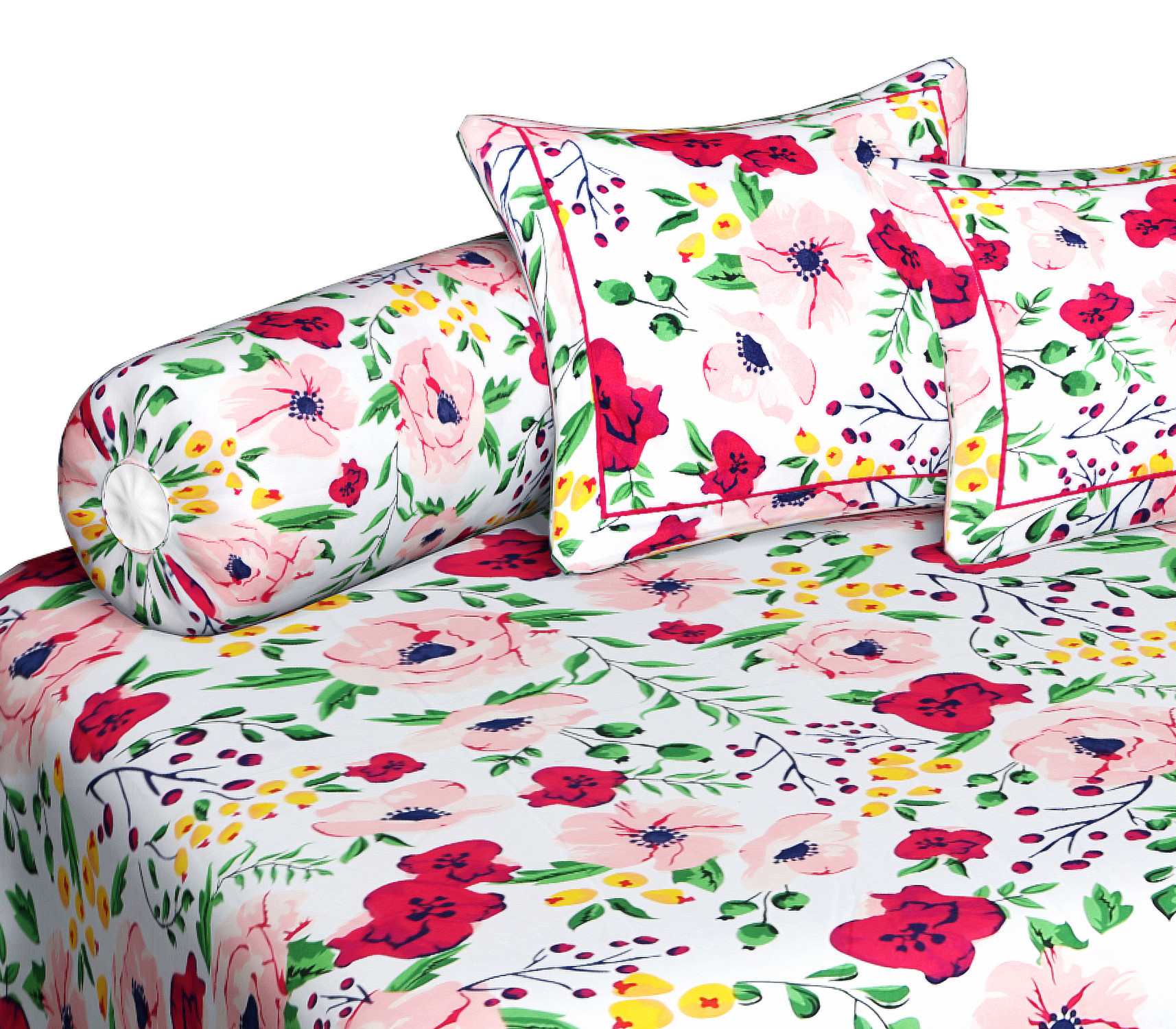 Kuber Industries Flower Printed Desginer 8 Pieces Cotton Diwan Set (White & Pink)-44KM0175