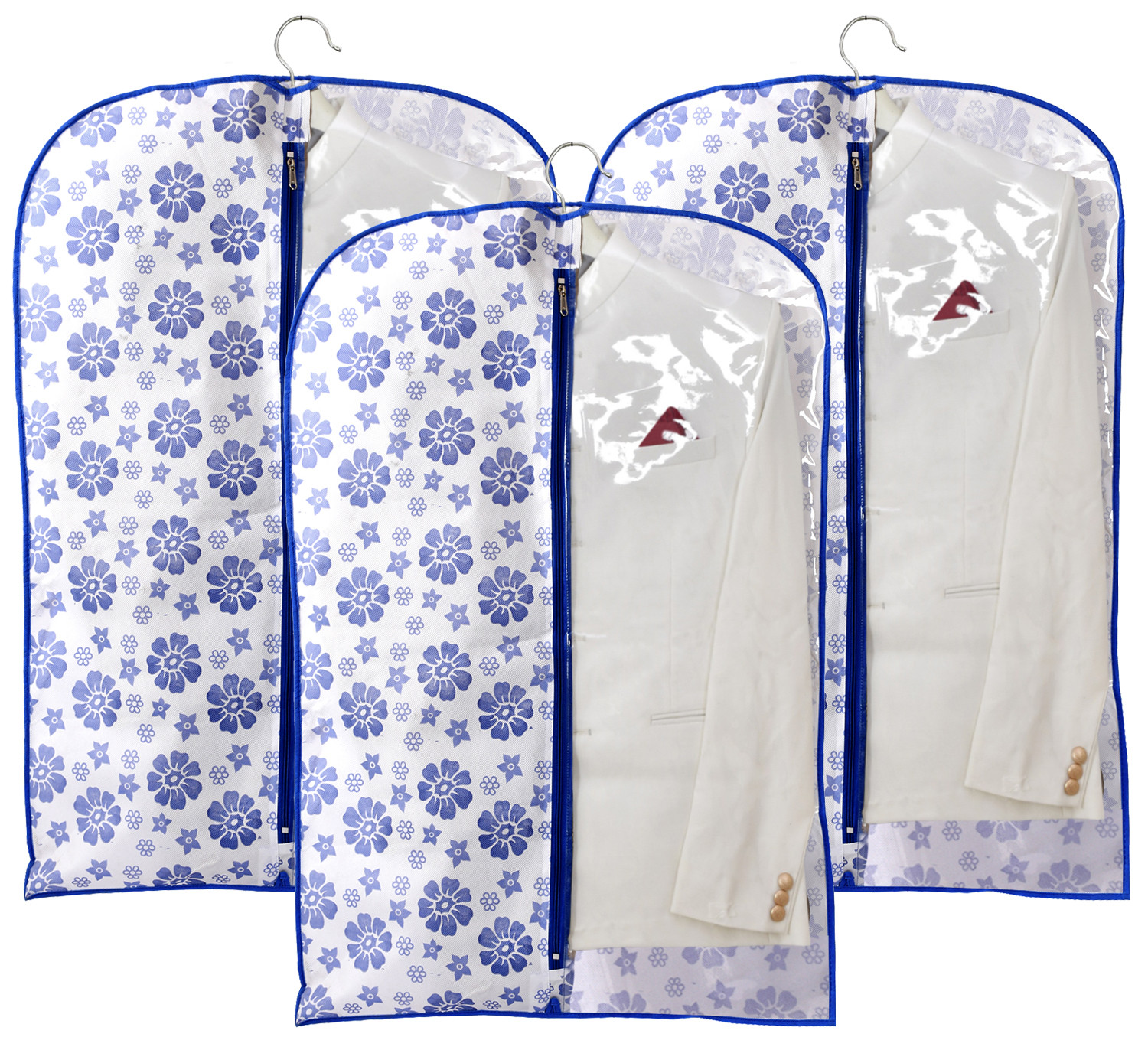 Kuber Industries Flower Printed Half Transparent Non Woven Men's Coat Blazer Cover (Blue) -KUBMART842