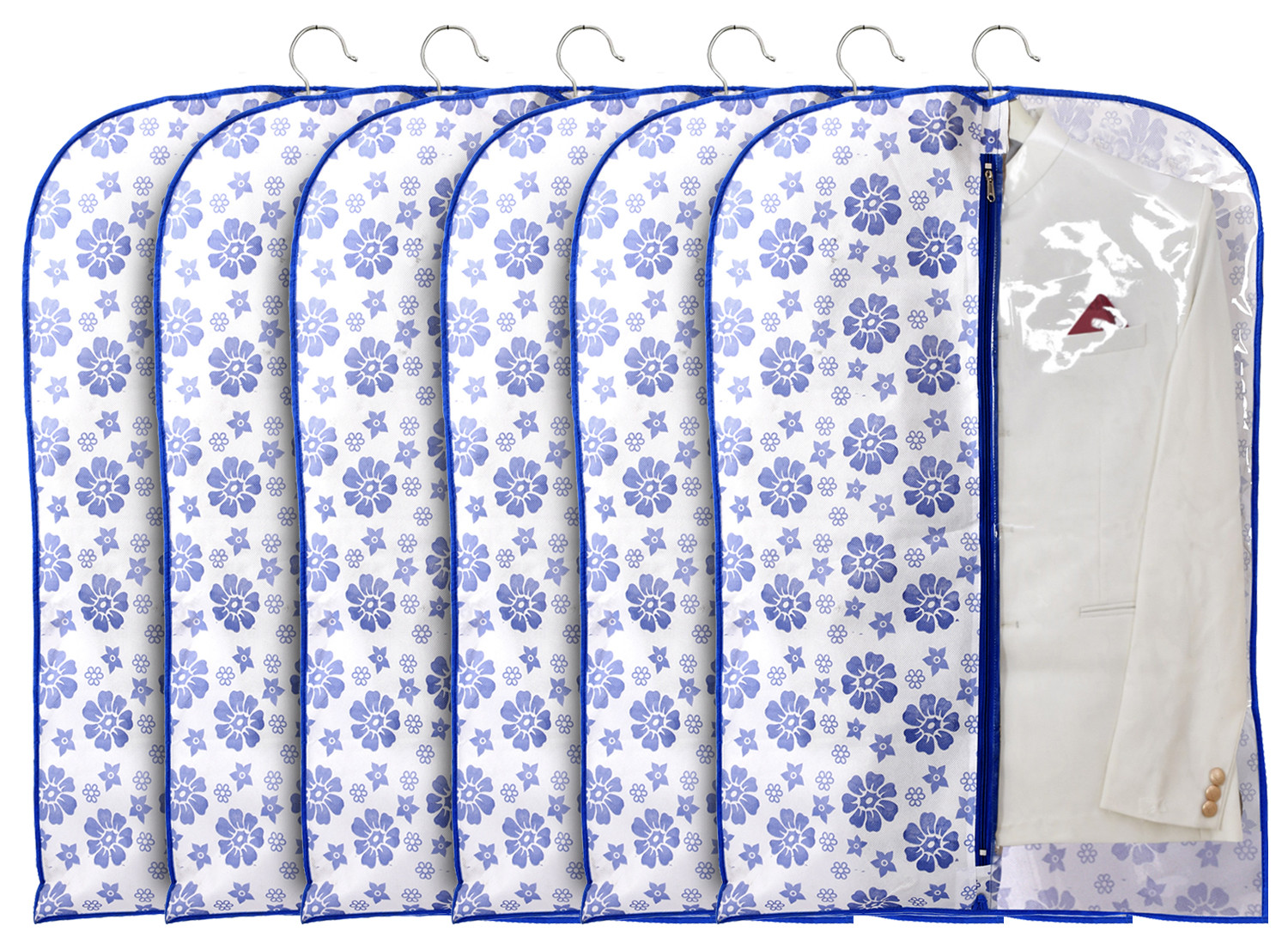 Kuber Industries Flower Printed Half Transparent Non Woven Men's Coat Blazer Cover (Blue) -KUBMART842