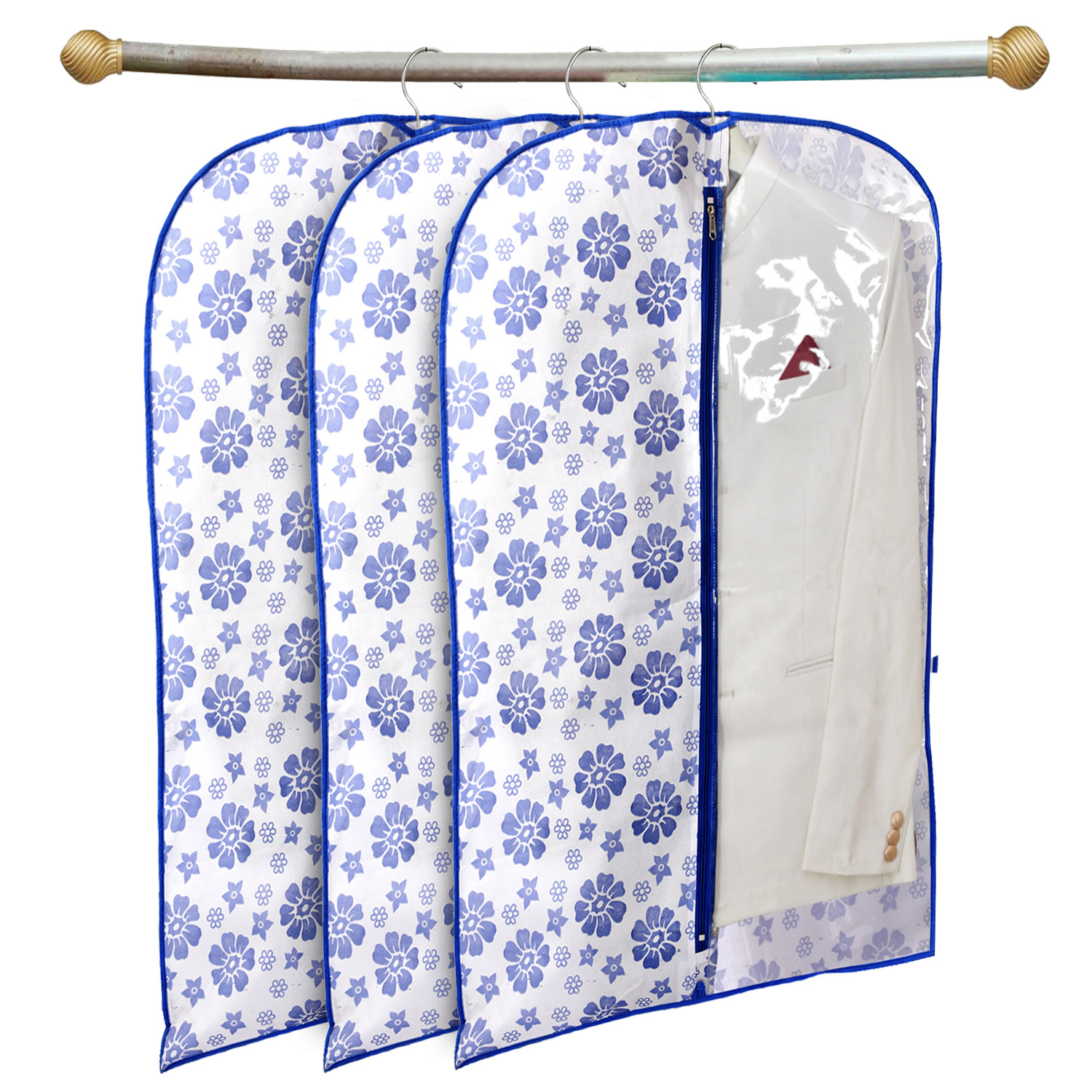 Kuber Industries Flower Printed Half Transparent Non Woven Men's Coat Blazer Cover (Blue)-KUBMART850