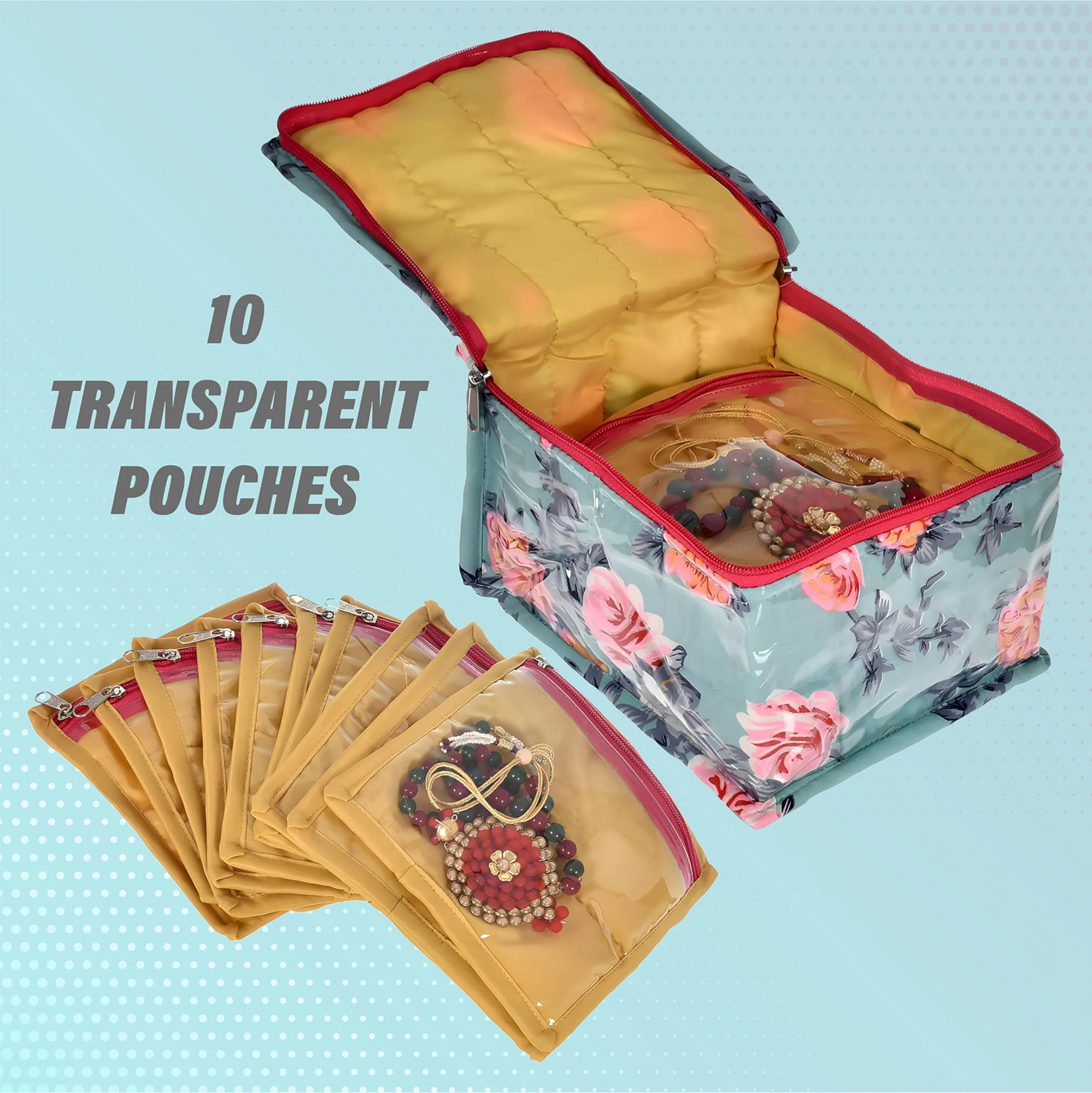 Kuber Industries Flower Printed Laminated PVC Jewellery OrganiserStorage Bag for Necklace Earrings Rings Bracelet With 10 Transparent Pouches Green-45KM021
