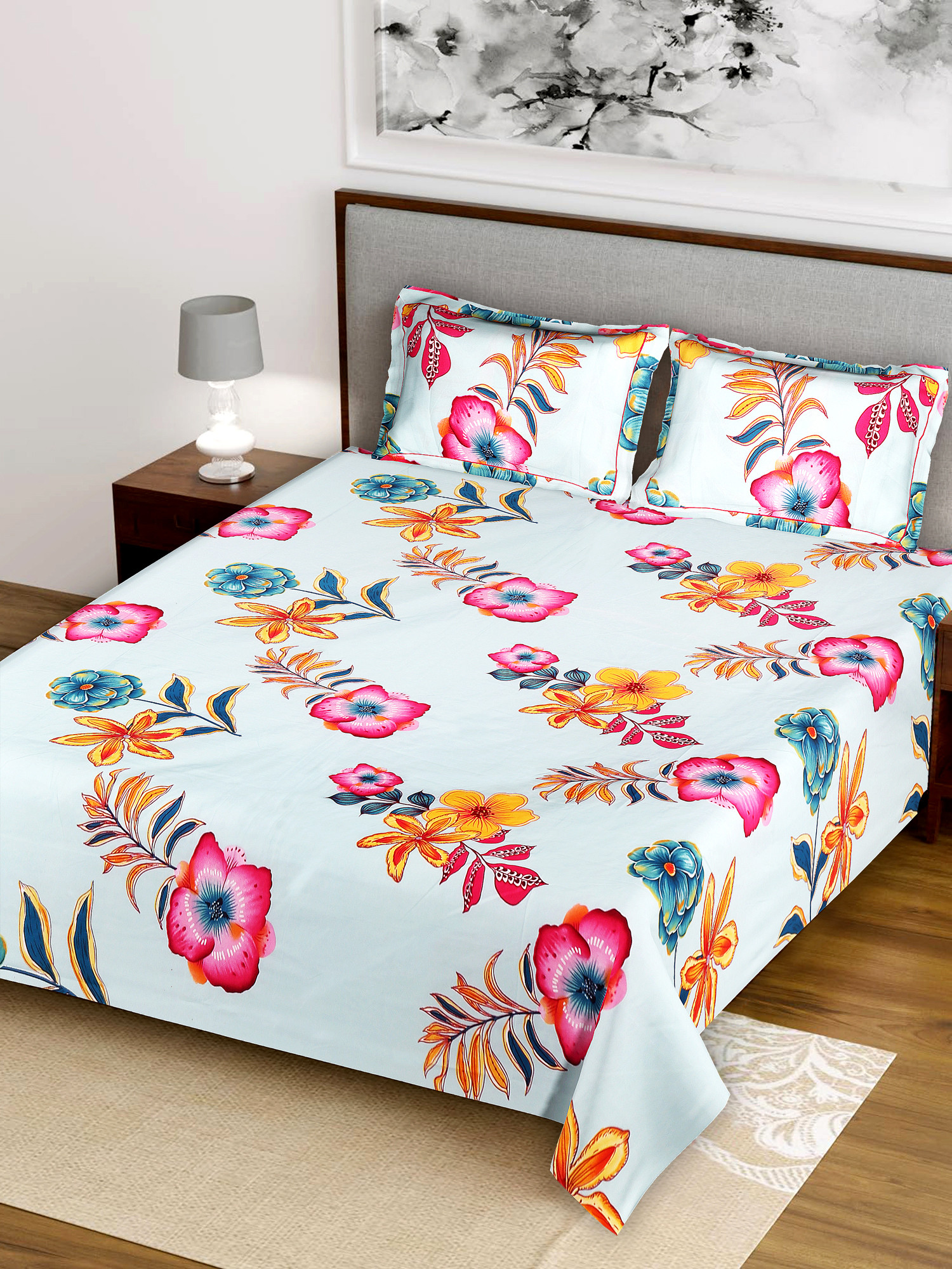 Kuber Industries Flower Printed Luxurious Soft Breathable & Comfortable Glace Cotton Double Bedsheet With 2 Pillow Covers (Light Green)-HS43KUBMART26801