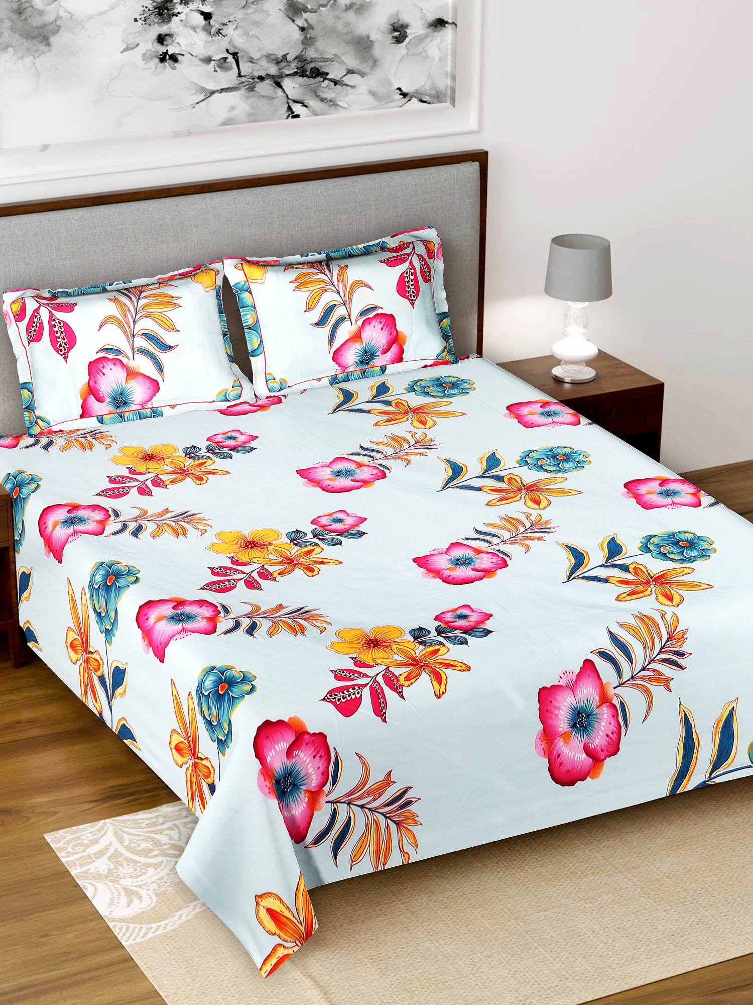 Kuber Industries Flower Printed Luxurious Soft Breathable & Comfortable Glace Cotton Double Bedsheet With 2 Pillow Covers (Light Green)-HS43KUBMART26801