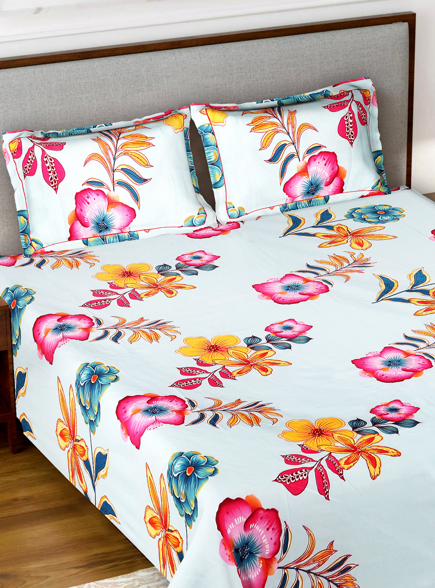 Kuber Industries Flower Printed Luxurious Soft Breathable & Comfortable Glace Cotton Double Bedsheet With 2 Pillow Covers (Light Green)-HS43KUBMART26801