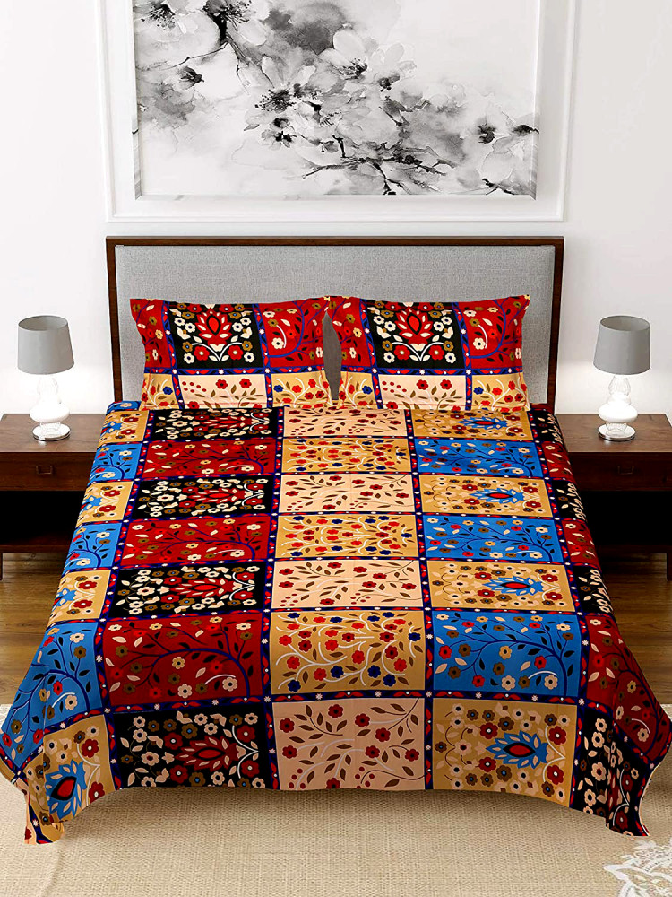 Kuber Industries Flower Printed Luxurious Soft Breathable &amp; Comfortable Glace Cotton Double Bedsheet With 2 Pillow Covers (Brown &amp; Blue)-HS43KUBMART26809