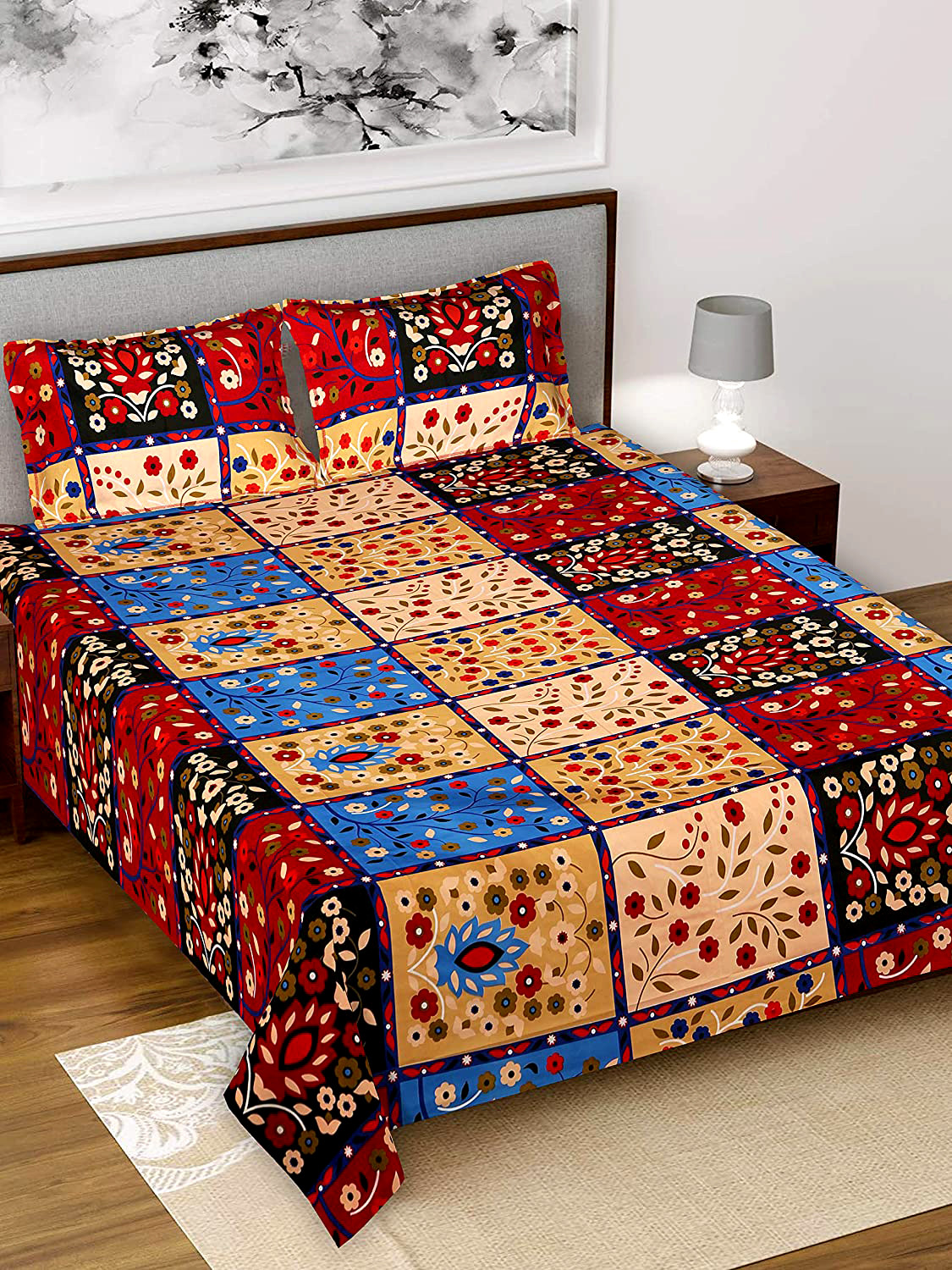 Kuber Industries Flower Printed Luxurious Soft Breathable & Comfortable Glace Cotton Double Bedsheet With 2 Pillow Covers (Brown & Blue)-HS43KUBMART26809