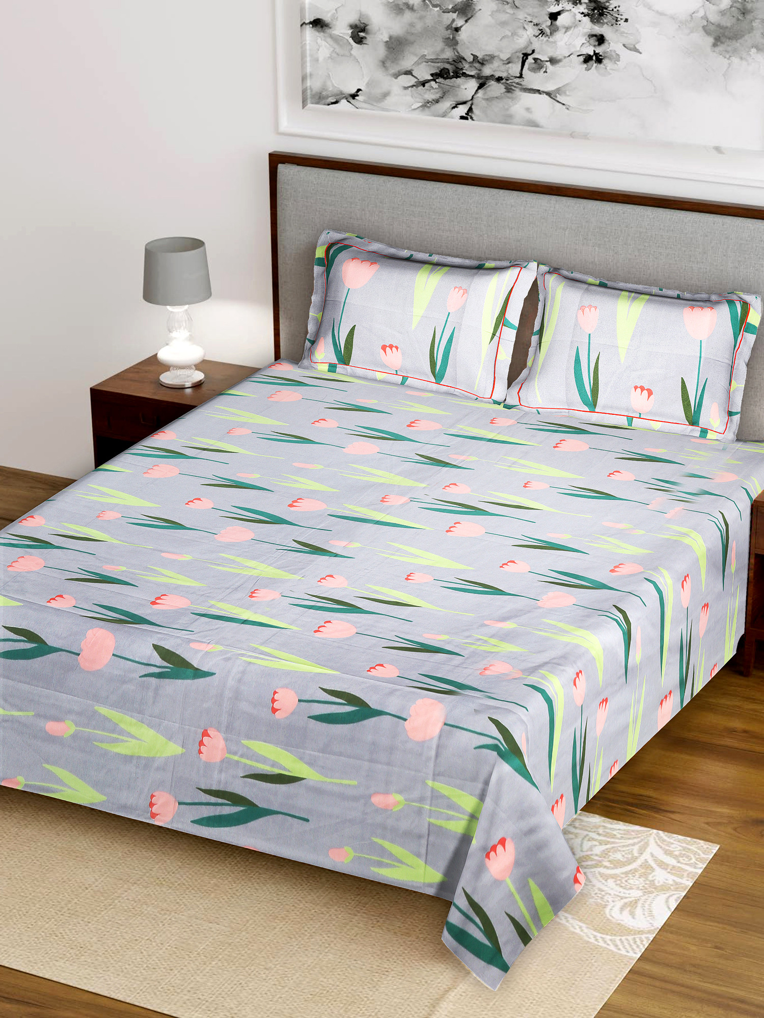 Kuber Industries Flower Printed Luxurious Soft Breathable & Comfortable Glace Cotton Double Bedsheet With 2 Pillow Covers (Grey)-HS43KUBMART26811