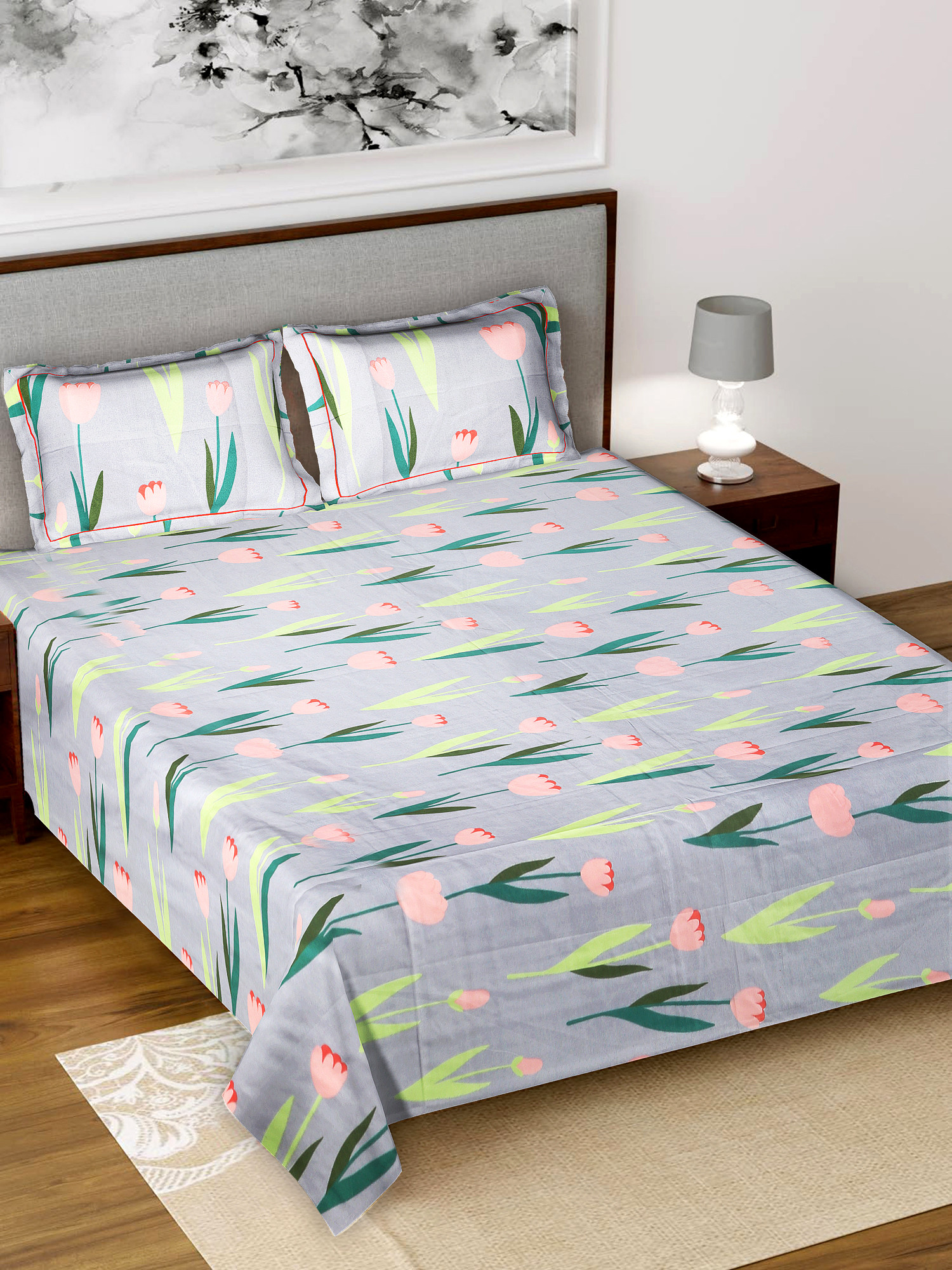 Kuber Industries Flower Printed Luxurious Soft Breathable & Comfortable Glace Cotton Double Bedsheet With 2 Pillow Covers (Grey)-HS43KUBMART26811
