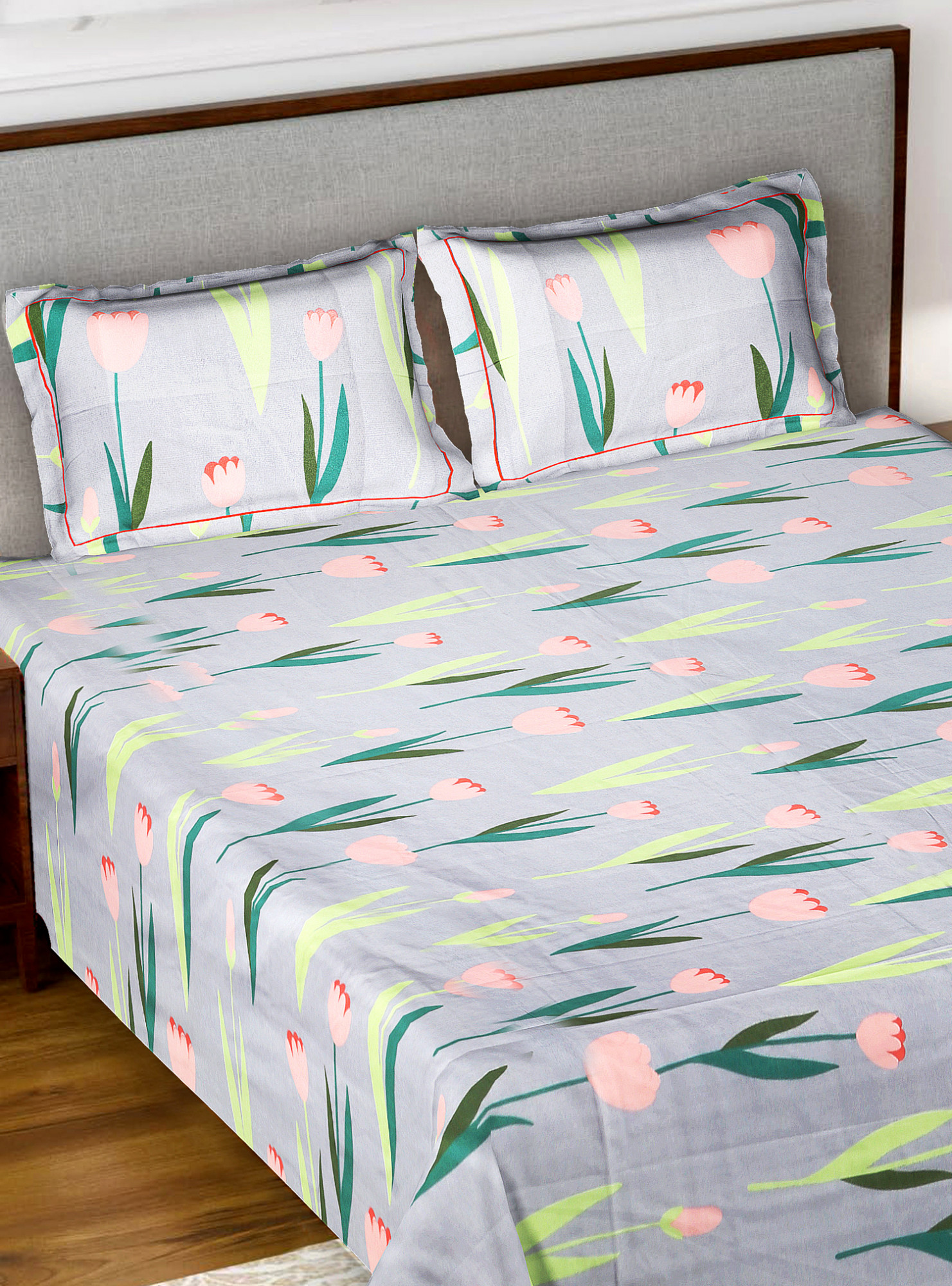 Kuber Industries Flower Printed Luxurious Soft Breathable & Comfortable Glace Cotton Double Bedsheet With 2 Pillow Covers (Grey)-HS43KUBMART26811