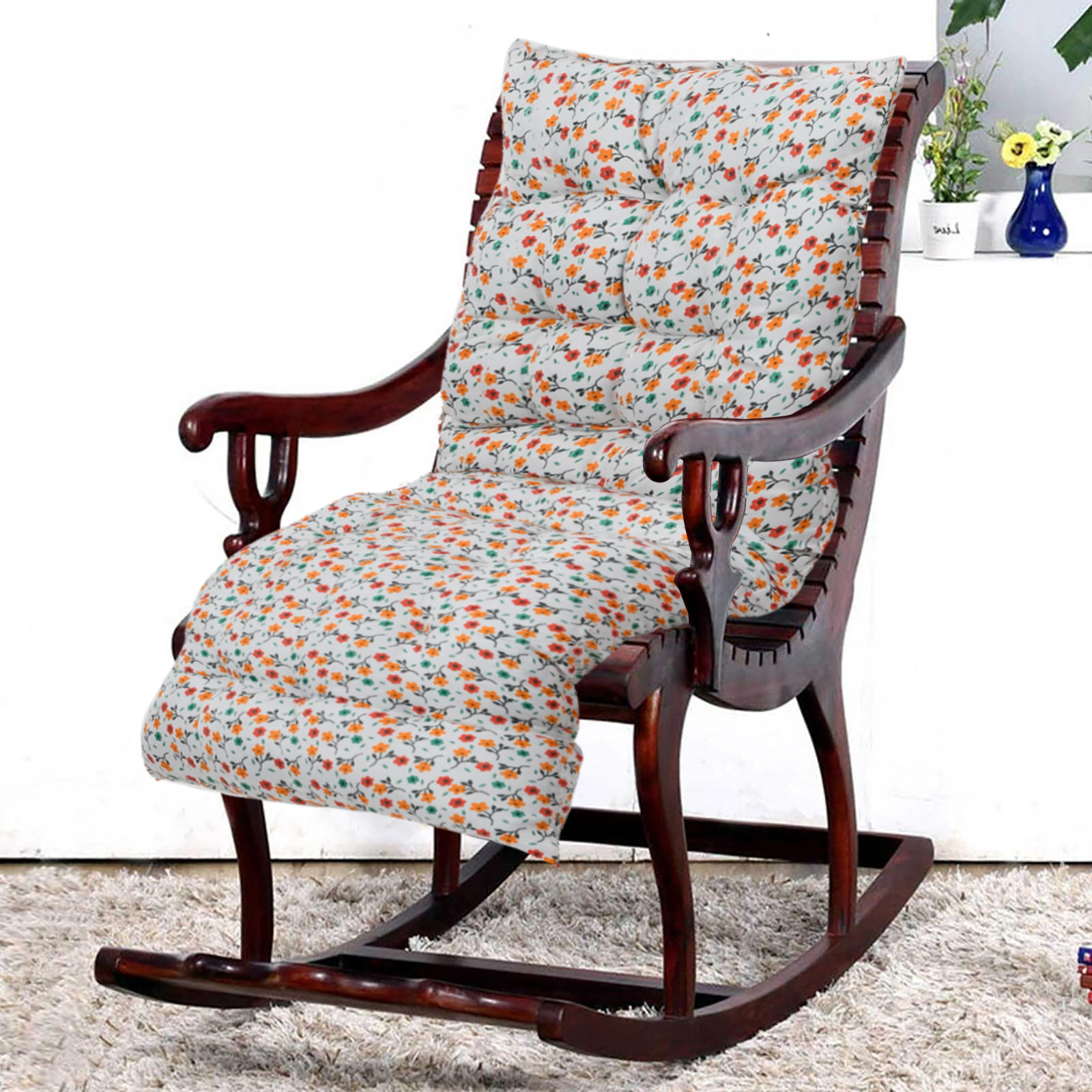 Kuber Industries Flower Printed Microfiber Back & Seat Cushion for Indoor/Outdoor Patio Chair, Rocking Chair, Office Chair, Reclining chairs With Ties, 18*46 Inch (White)