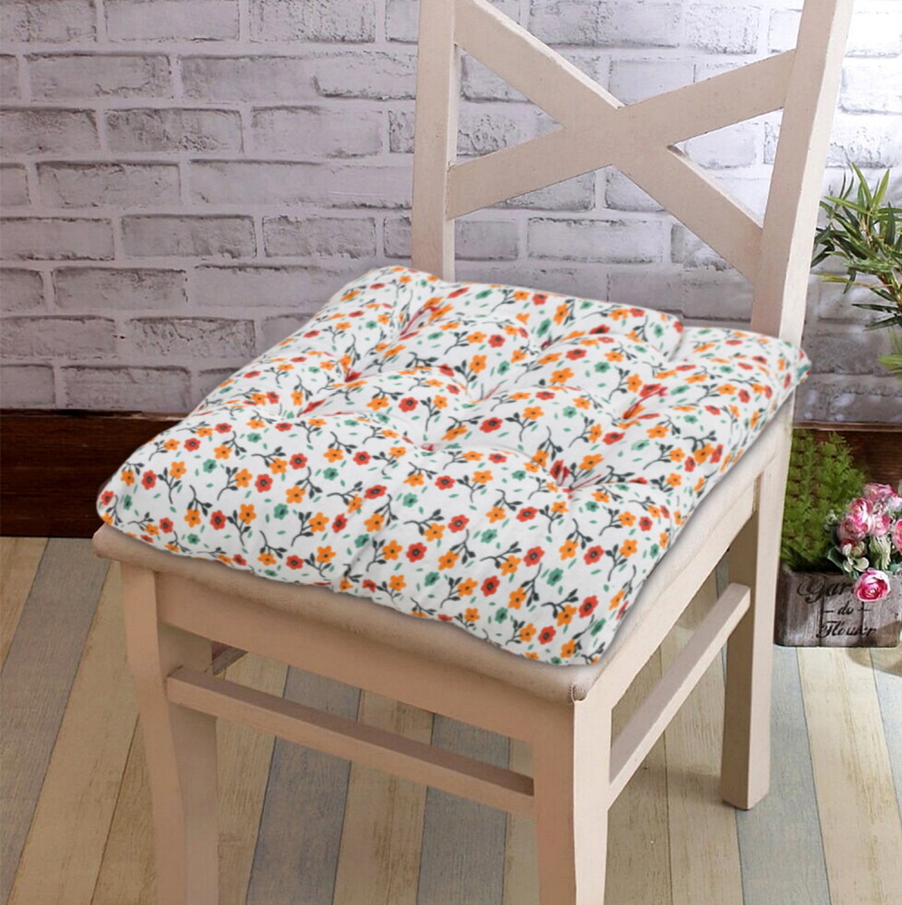 Kuber Industries Flower Printed Microfiber Square Chair Pad Seat Cushion For Rocking chair, Office chair, Dinning chair, Indoor/Outdoor With Ties, 18*18 Inch (White)