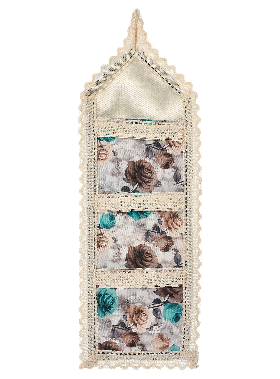 Kuber Industries Flower Printed Multiuses 3 Pockets Wall Hanging Storage Organizer/Holder For Home (Cream & Brown)