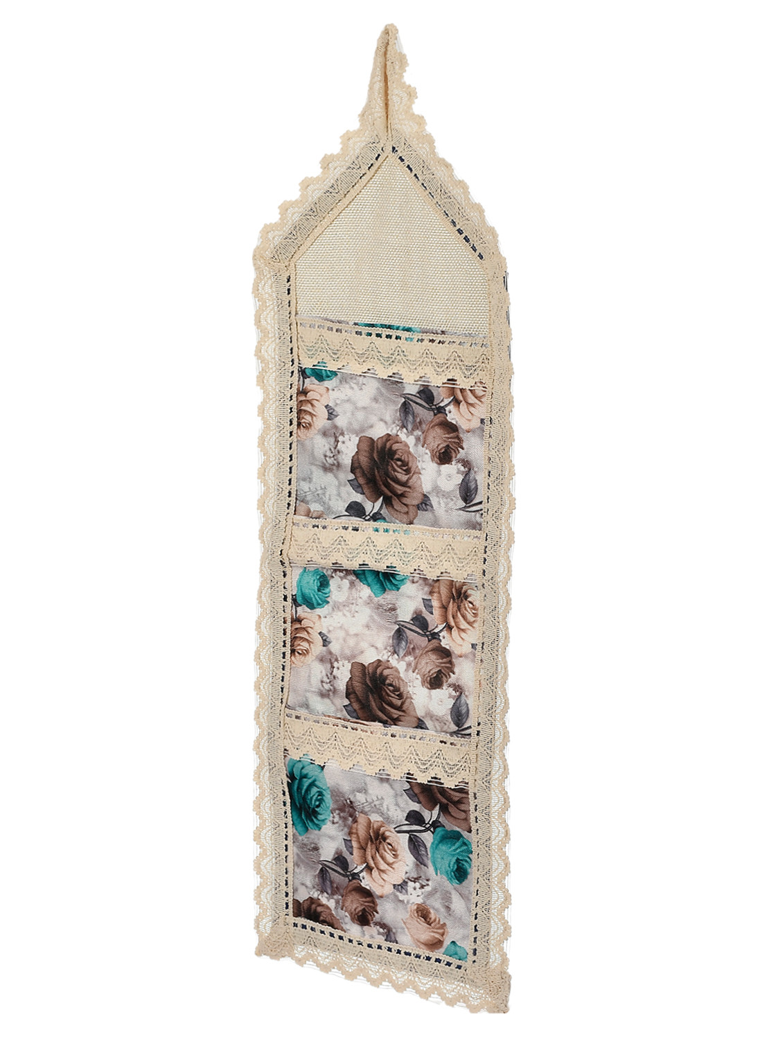 Kuber Industries Flower Printed Multiuses 3 Pockets Wall Hanging Storage Organizer/Holder For Home (Cream & Brown)