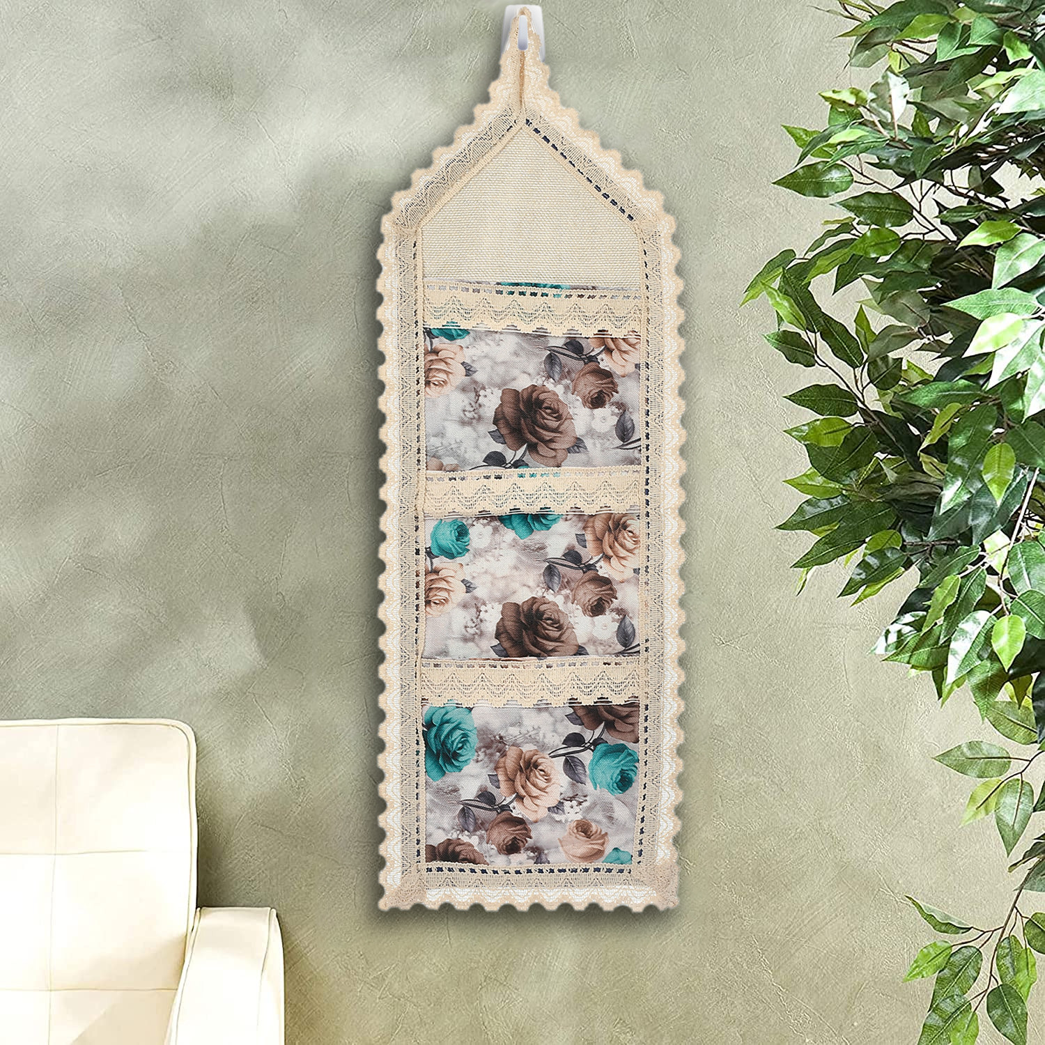 Kuber Industries Flower Printed Multiuses 3 Pockets Wall Hanging Storage Organizer/Holder For Home (Cream & Brown)