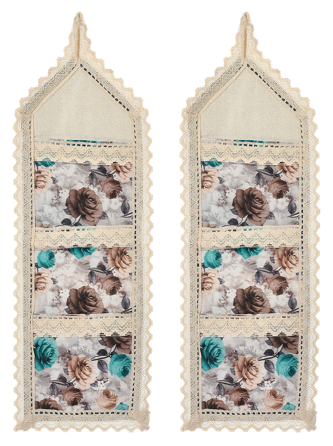 Kuber Industries Flower Printed Multiuses 3 Pockets Wall Hanging Storage Organizer/Holder For Home (Cream & Brown)