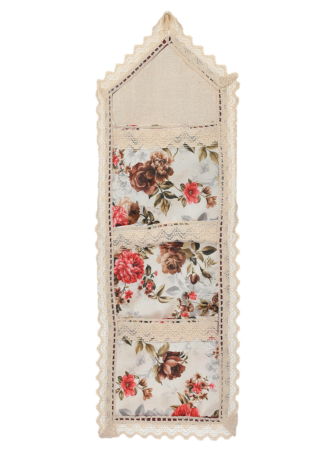 Kuber Industries Flower Printed Multiuses 3 Pockets Wall Hanging Storage Organizer/Holder For Home (Cream & Red)