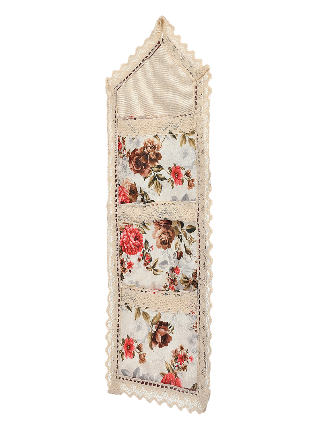 Kuber Industries Flower Printed Multiuses 3 Pockets Wall Hanging Storage Organizer/Holder For Home (Cream & Red)