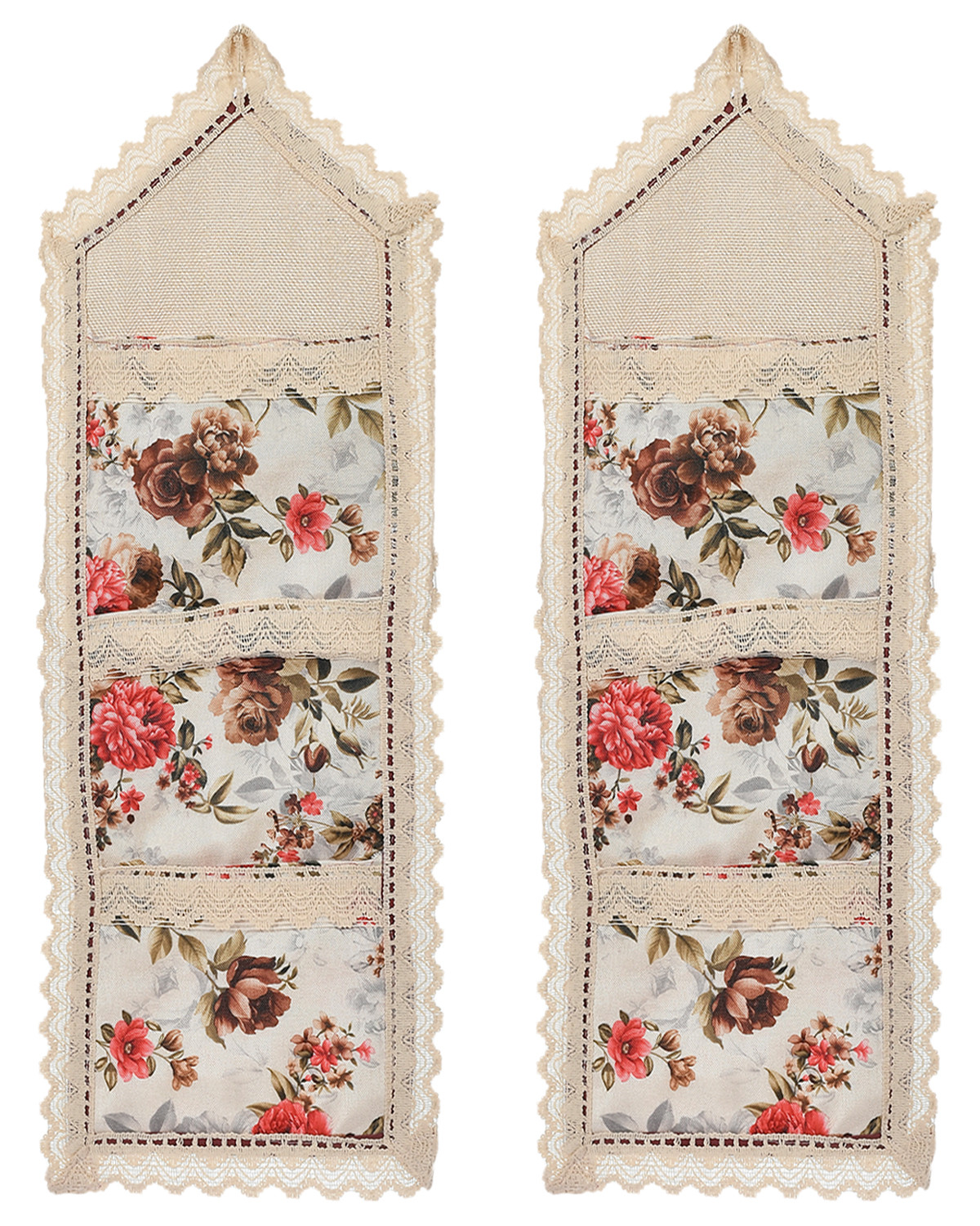 Kuber Industries Flower Printed Multiuses 3 Pockets Wall Hanging Storage Organizer/Holder For Home (Cream & Red)