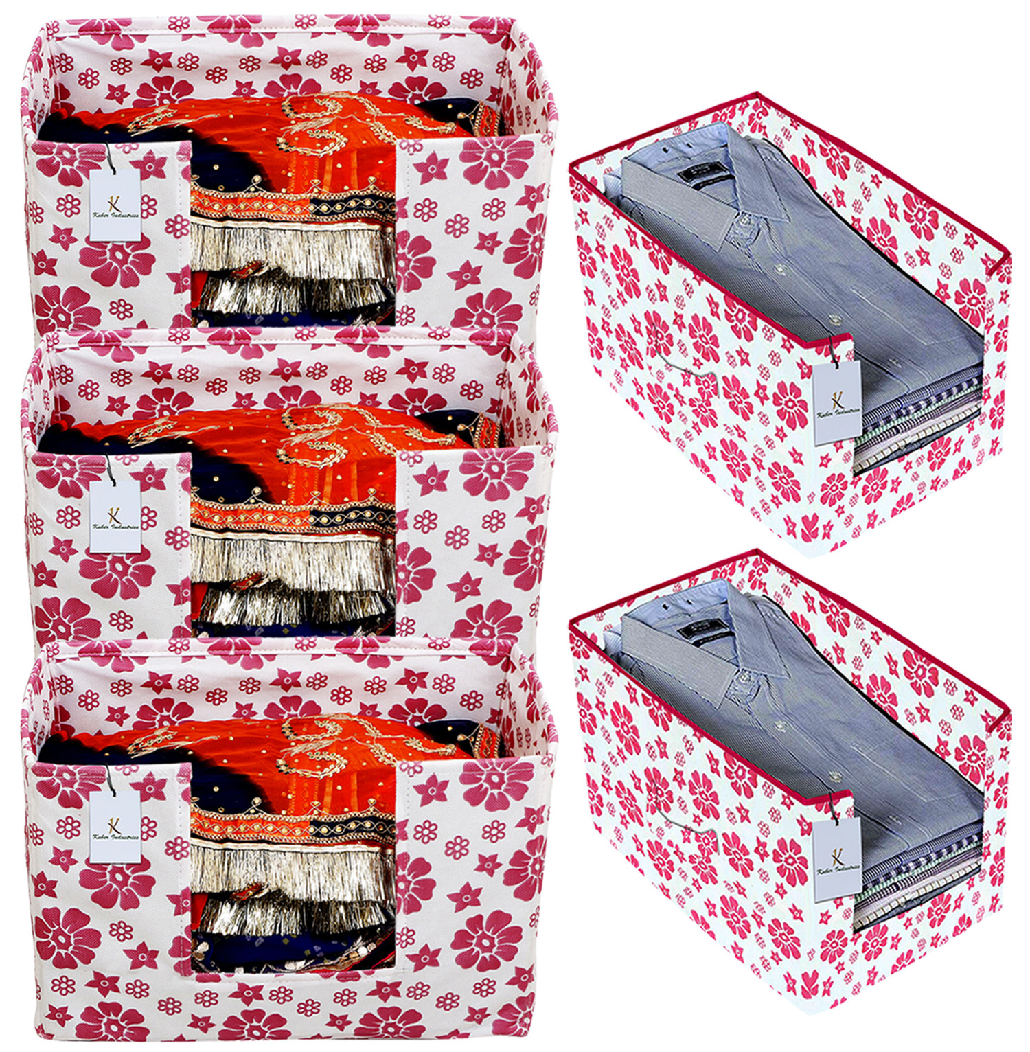 Kuber Industries Flower Printed Non Woven 2 Piece Shirt Stacker And Foldable Rectangle Cloth Saree Stacker Cloth Wardrobe Organizer Wardrobe Organizer (Pink) -CTKTC38191