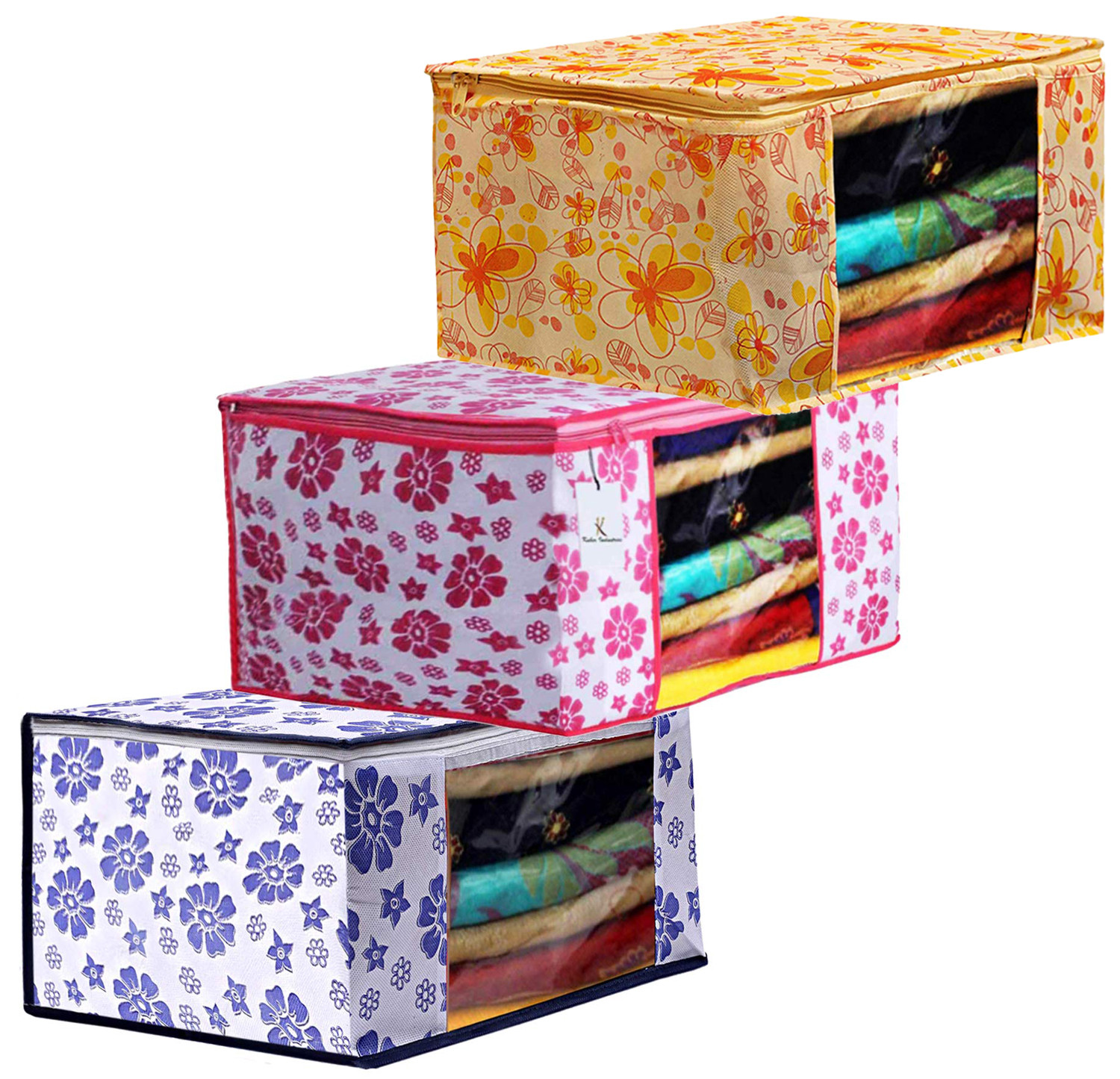 Kuber Industries Flower Printed Non Woven Fabric Saree Cover Set with Transparent Window, Extra Large, Pink & Blue & Ivory Red -CTKTC40803