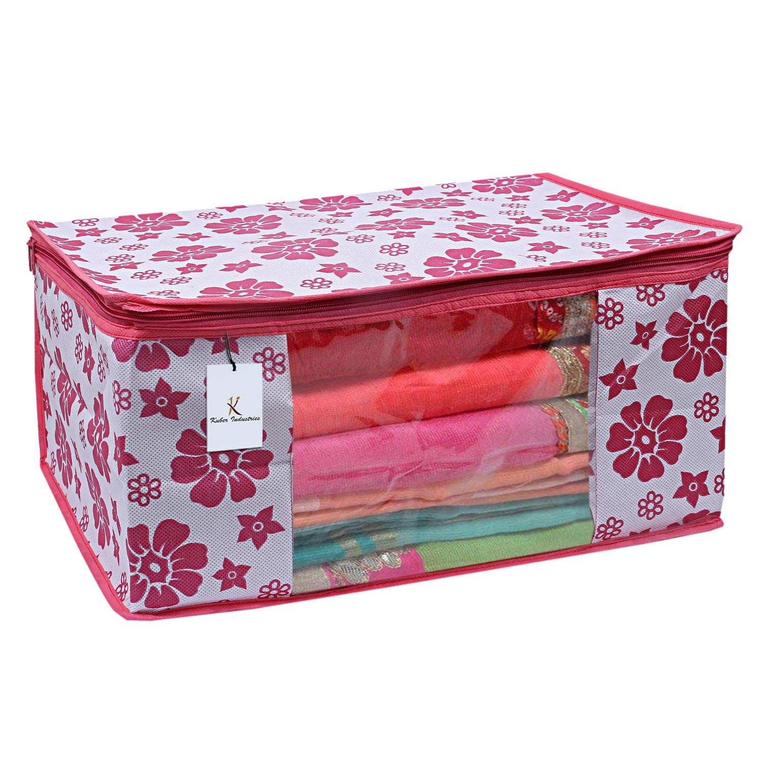 Kuber Industries Flower Printed Non Woven Fabric Saree Cover Set with Transparent Window, Extra Large, Pink & Blue & Ivory Red -CTKTC40803