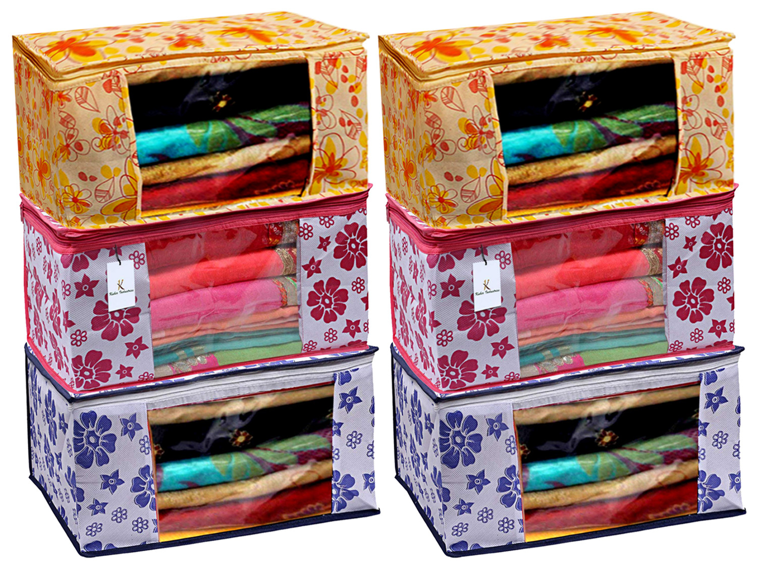 Kuber Industries Flower Printed Non Woven Fabric Saree Cover Set with Transparent Window, Extra Large, Pink & Blue & Ivory Red -CTKTC40803