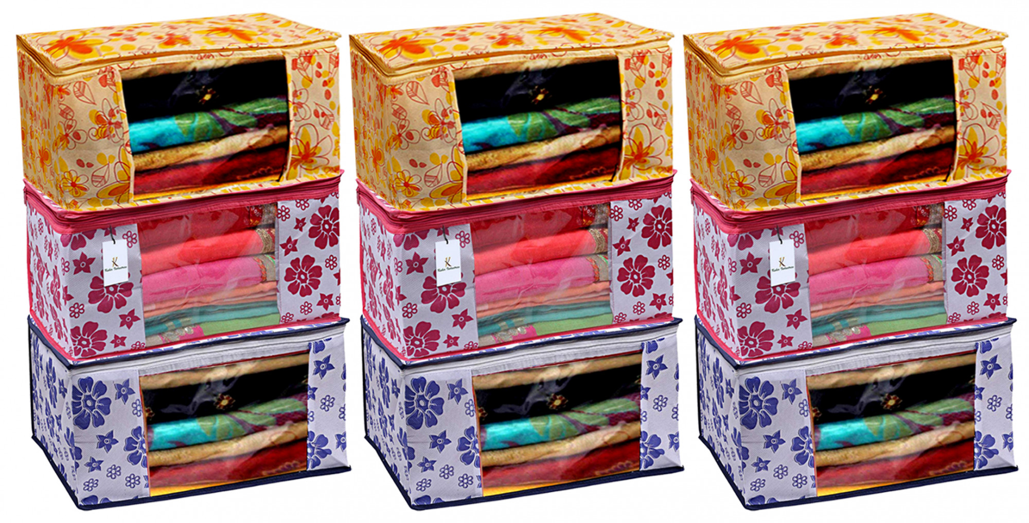 Kuber Industries Flower Printed Non Woven Fabric Saree Cover Set with Transparent Window, Extra Large, Pink & Blue & Ivory Red -CTKTC40803