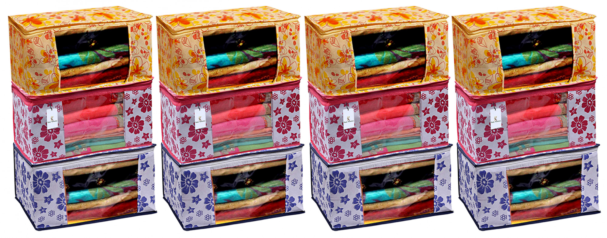 Kuber Industries Flower Printed Non Woven Fabric Saree Cover Set with Transparent Window, Extra Large, Pink & Blue & Ivory Red -CTKTC40803