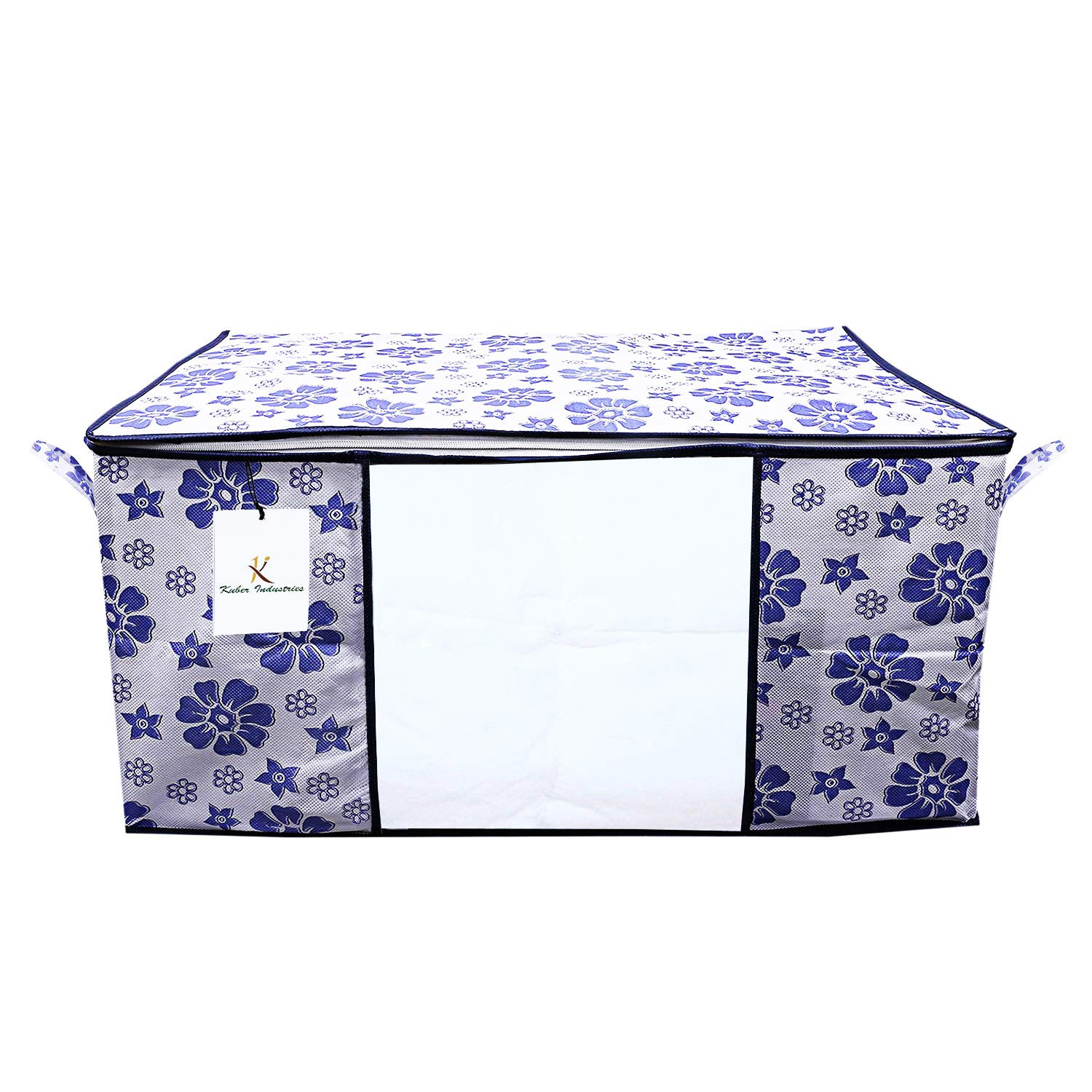 Kuber Industries Flower Printed Non Woven Fabric Underbed Storage Bag,Cloth Organiser,Blanket Cover with Transparent Window, Pink & Blue & Ivory Red -CTKTC41081