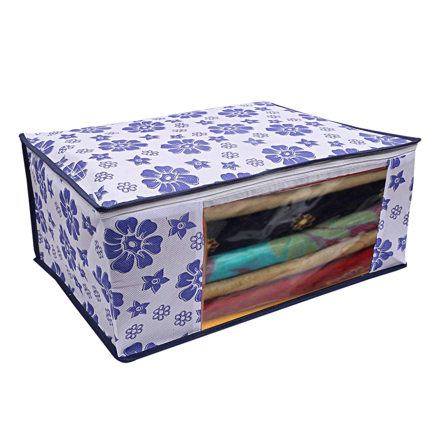 Kuber Industries Flower Printed Non Woven Saree Cover And  Underbed Storage Bag, Storage Organiser, Blanket Cover, Pink & Blue & Ivory Red  -CTKTC42407