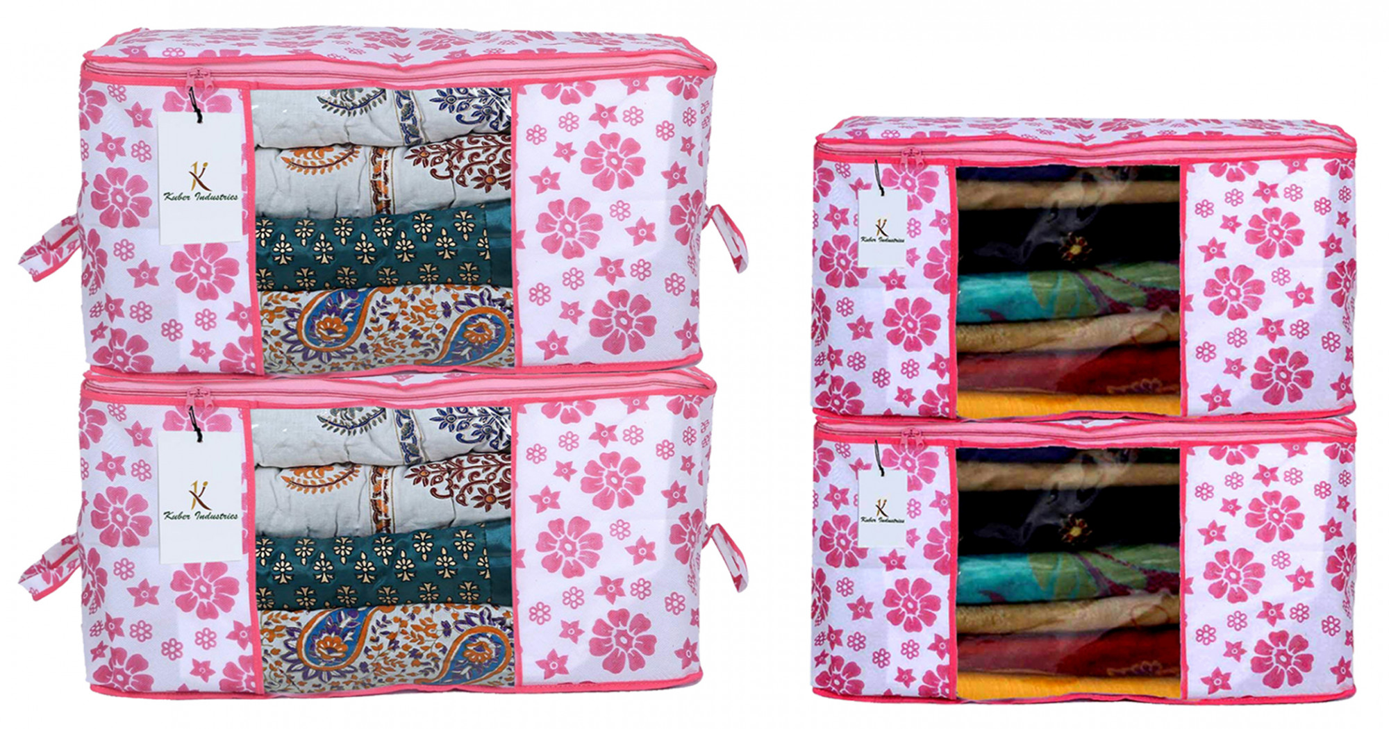Kuber Industries Flower Printed Non Woven Saree Cover And Underbed Storage Bag, Cloth Organizer For Storage, Blanket Cover Combo Set (Pink) -CTKTC38607