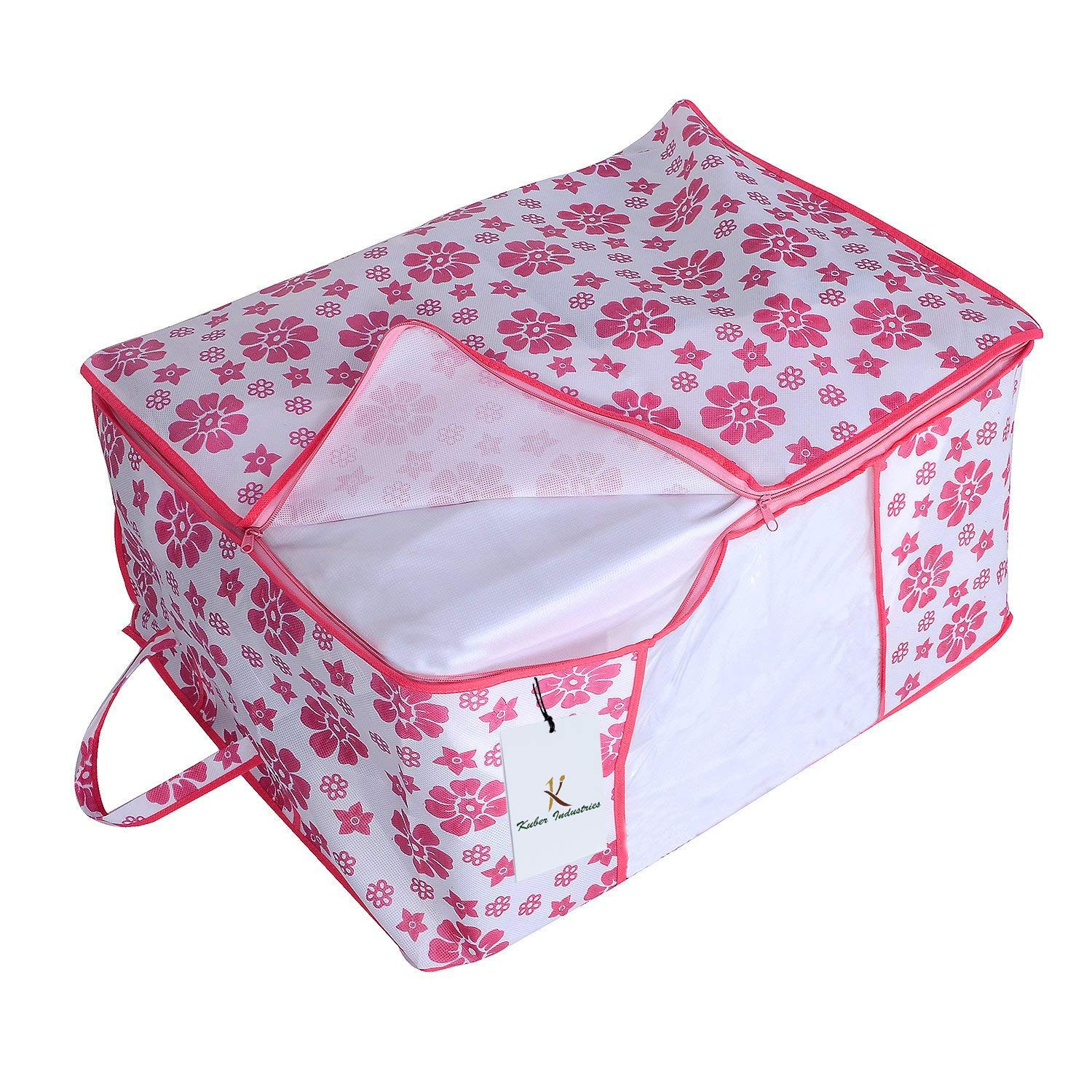 Kuber Industries Flower Printed Non Woven Saree Cover And Underbed Storage Bag, Cloth Organizer For Storage, Blanket Cover Combo Set (Pink) -CTKTC38607