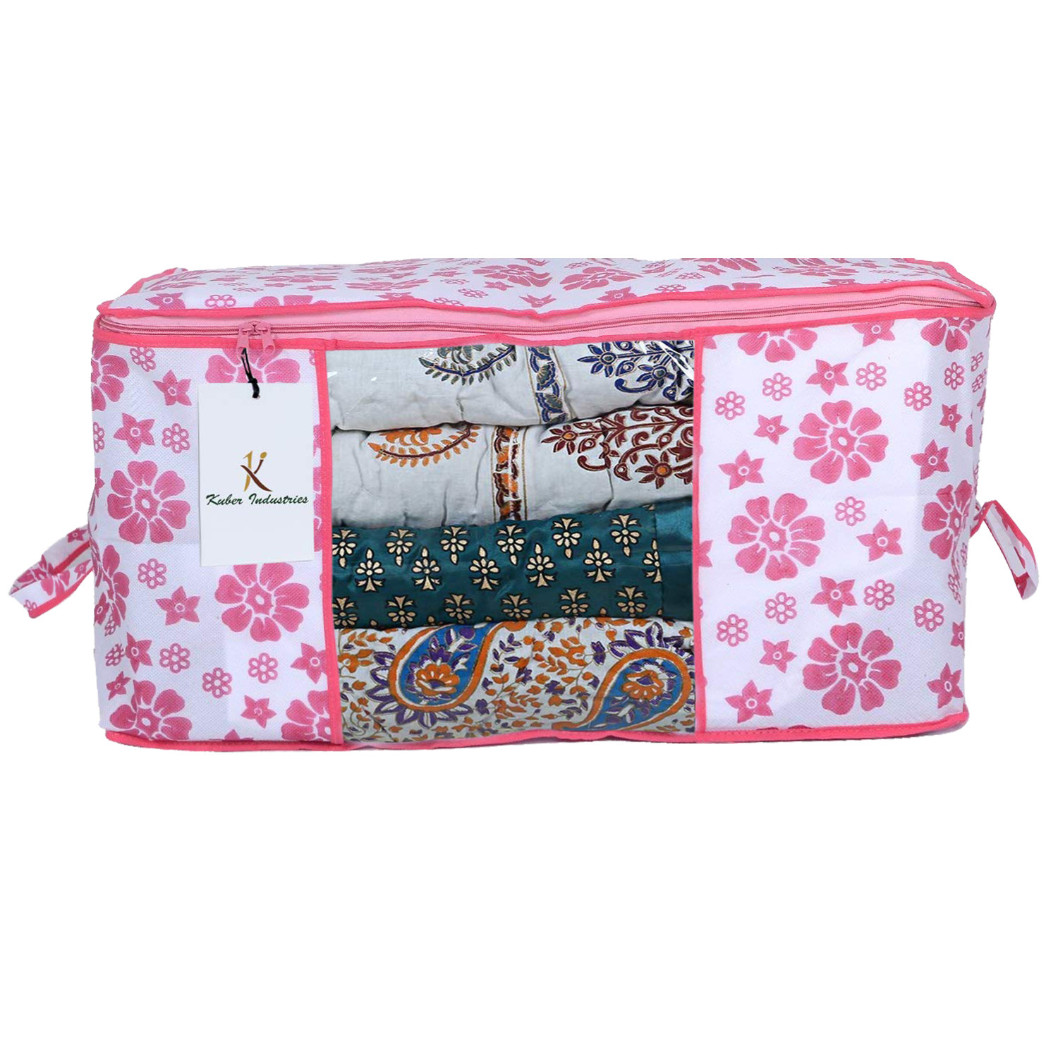 Kuber Industries Flower Printed Non Woven Saree Cover And Underbed Storage Bag, Cloth Organizer For Storage, Blanket Cover Combo Set (Pink) -CTKTC38607