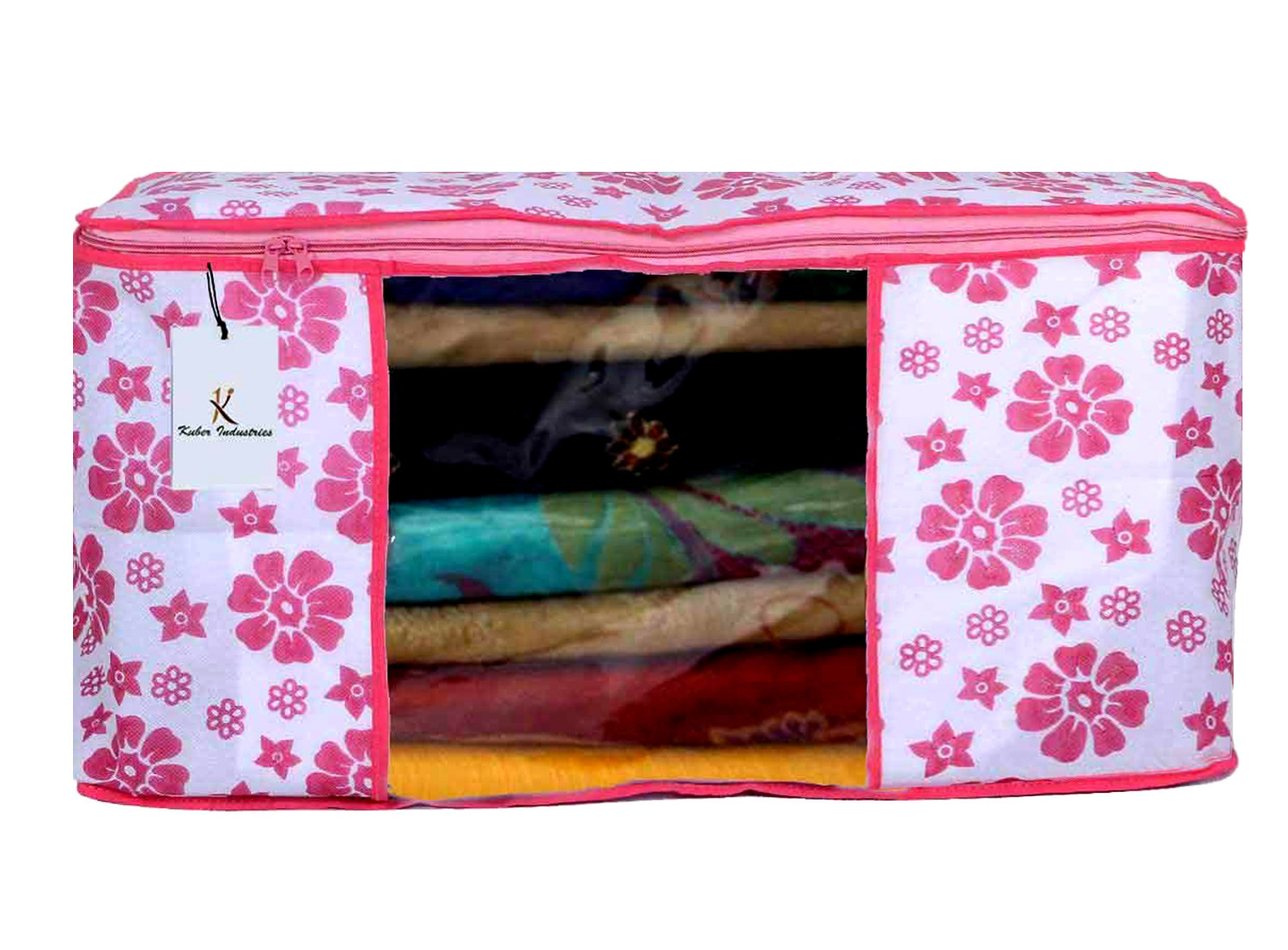 Kuber Industries Flower Printed Non Woven Saree Cover And Underbed Storage Bag, Cloth Organizer For Storage, Blanket Cover Combo Set (Pink) -CTKTC38607
