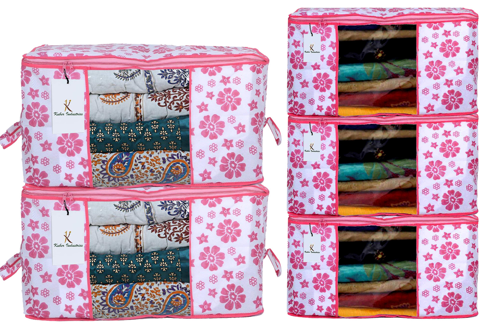 Kuber Industries Flower Printed Non Woven Saree Cover And Underbed Storage Bag, Cloth Organizer For Storage, Blanket Cover Combo Set (Pink) -CTKTC38607