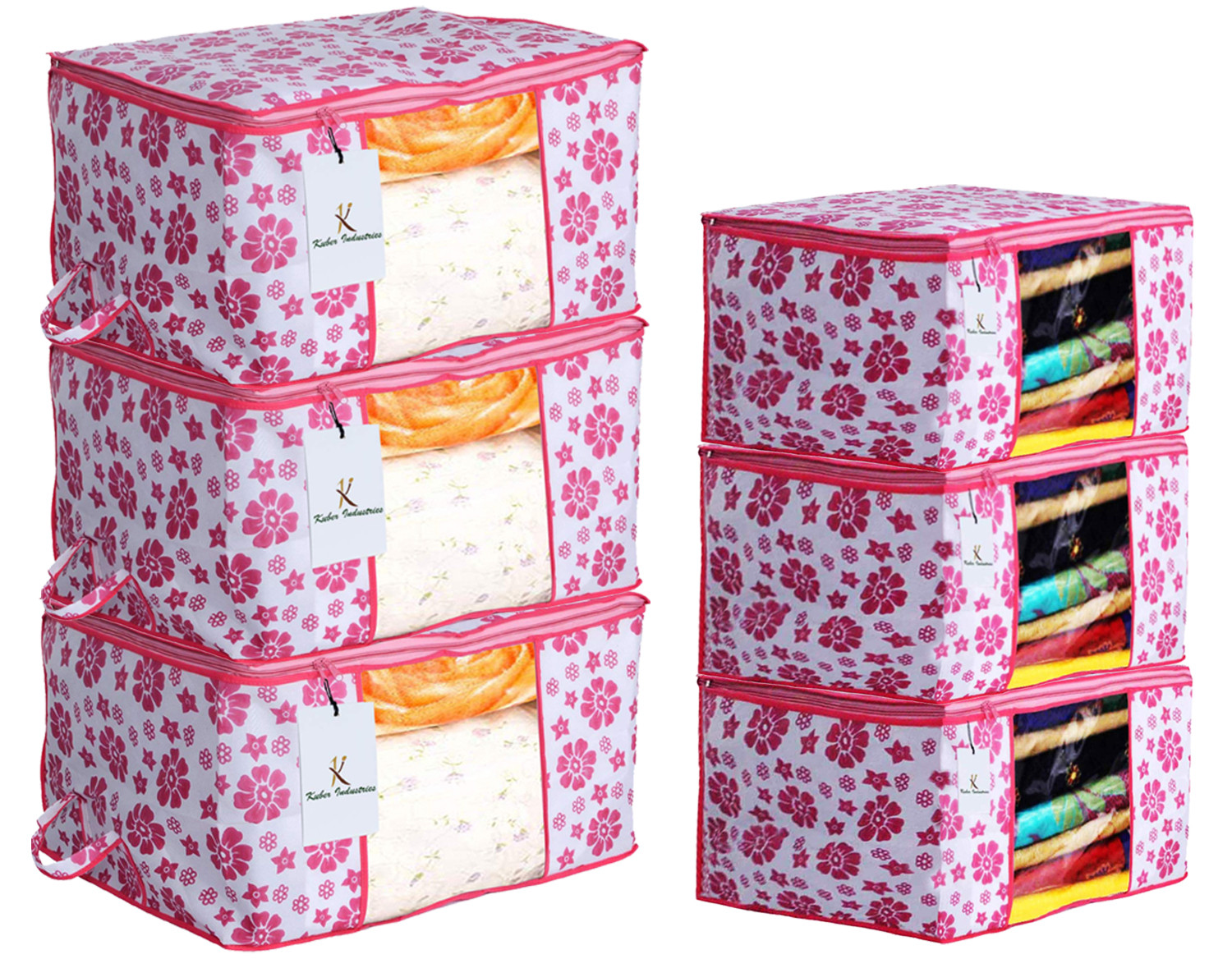 Kuber Industries Flower Printed Non Woven Saree Cover And Underbed Storage Bag, Cloth Organizer For Storage, Blanket Cover Combo Set (Pink) -CTKTC38607