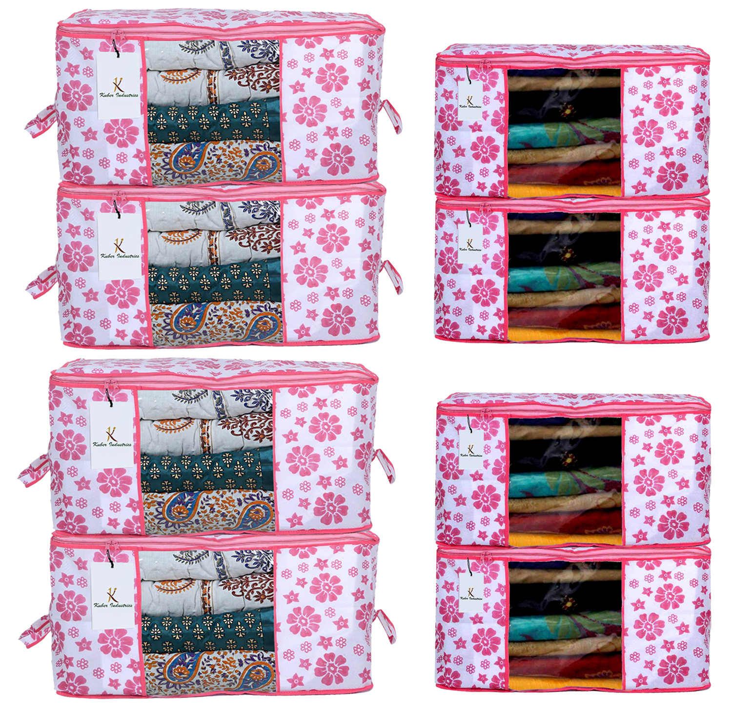 Kuber Industries Flower Printed Non Woven Saree Cover And Underbed Storage Bag, Cloth Organizer For Storage, Blanket Cover Combo Set (Pink) -CTKTC38607