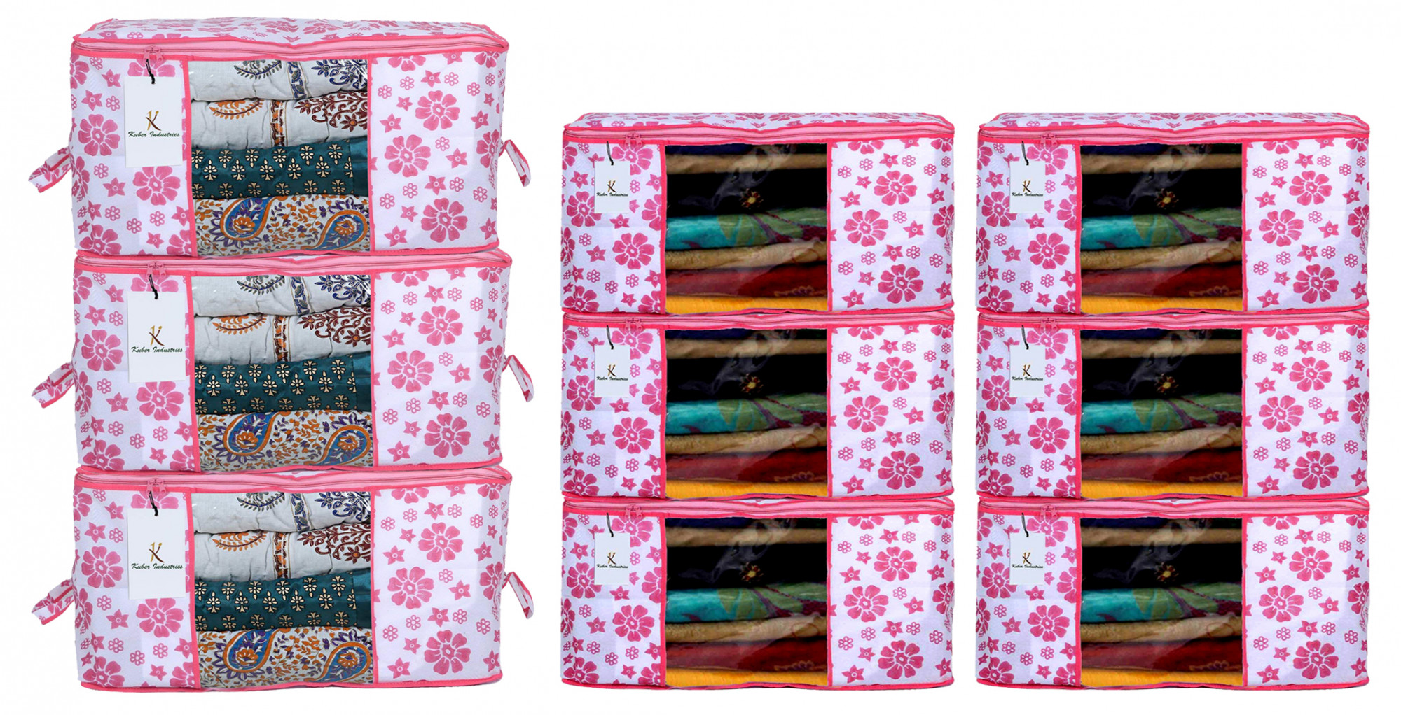 Kuber Industries Flower Printed Non Woven Saree Cover And Underbed Storage Bag, Cloth Organizer For Storage, Blanket Cover Combo Set (Pink) -CTKTC38607