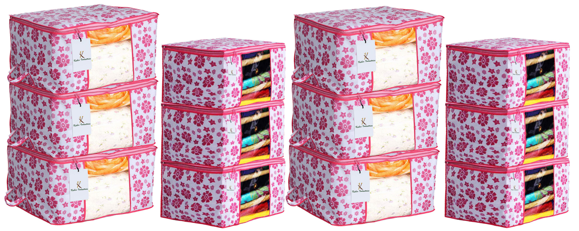 Kuber Industries Flower Printed Non Woven Saree Cover And Underbed Storage Bag, Cloth Organizer For Storage, Blanket Cover Combo Set (Pink) -CTKTC38607