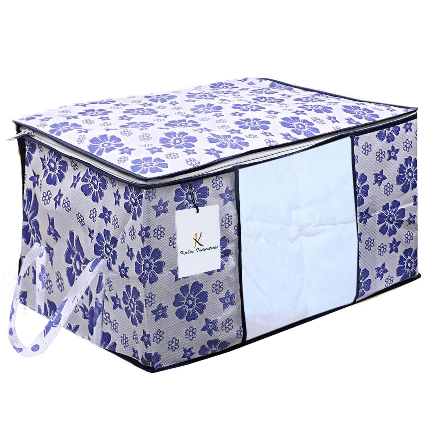 Kuber Industries Flower Printed Non Woven Saree Cover And Underbed Storage Bag, Cloth Organizer For Storage, Blanket Cover Combo Set (Royal Blue) -CTKTC38619