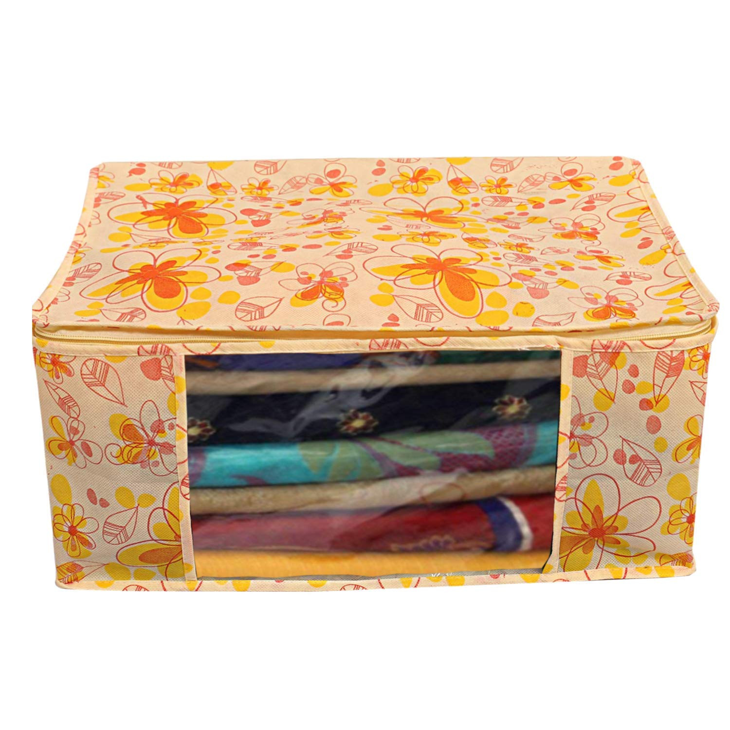 Kuber Industries Flower Printed Non Woven Saree Cover And Underbed Storage Bag, Cloth Organizer For Storage, Blanket Cover Combo Set (Ivory & Red) -CTKTC38631