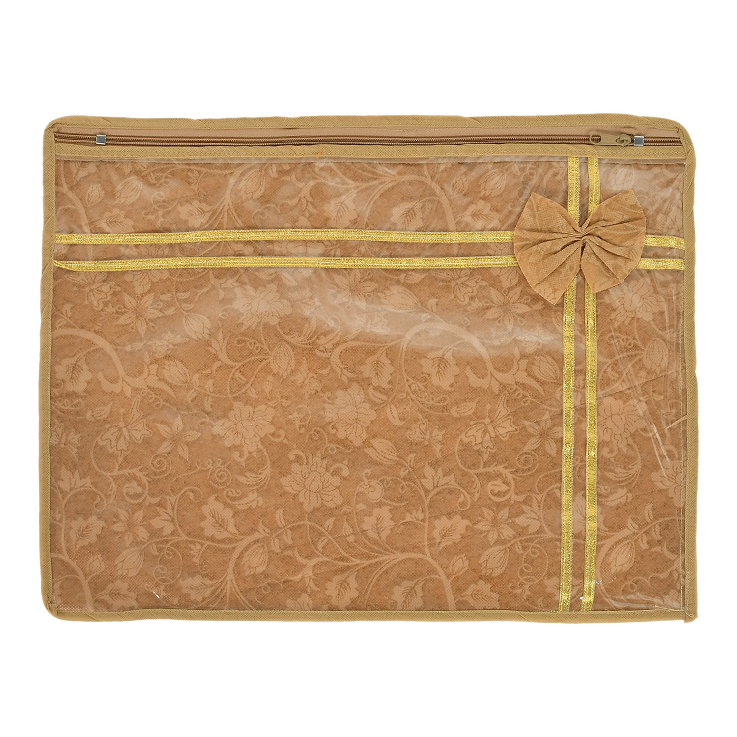 Kuber Industries Flower Printed Non-Woven Single Saree Cover With Tranasparent Top-(Brown)