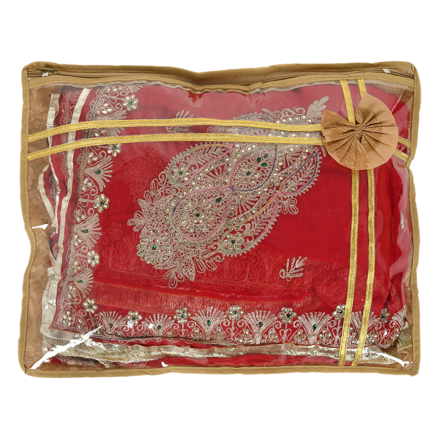 Kuber Industries Flower Printed Non-Woven Single Saree Cover With Tranasparent Top-(Brown)